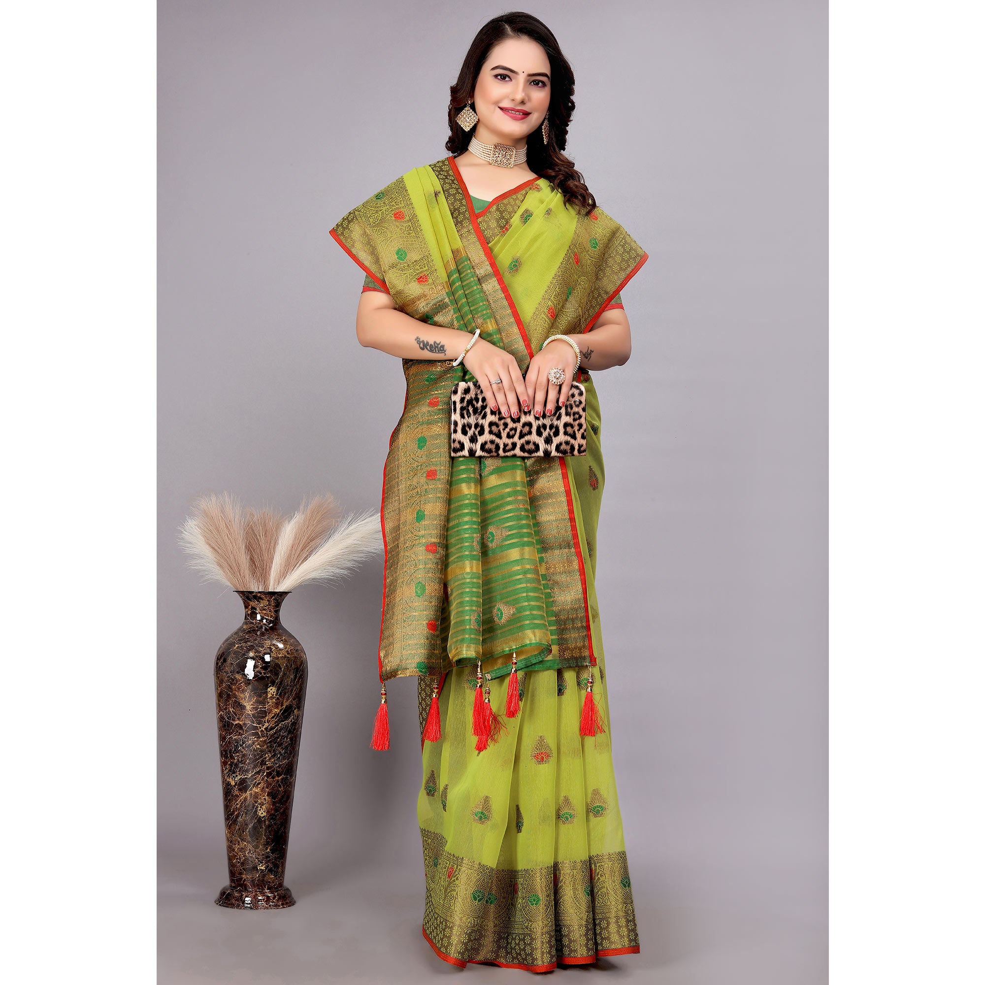 Lime Green Floral Woven Cotton Silk Saree With Tassels