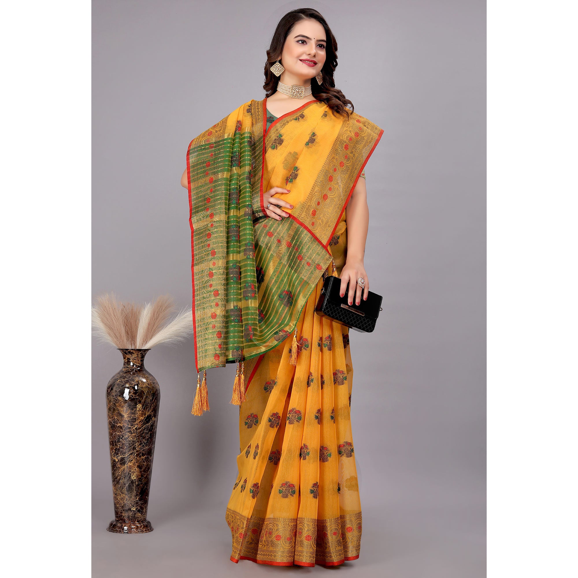 Yellow Floral Woven Cotton Silk Saree With Tassels