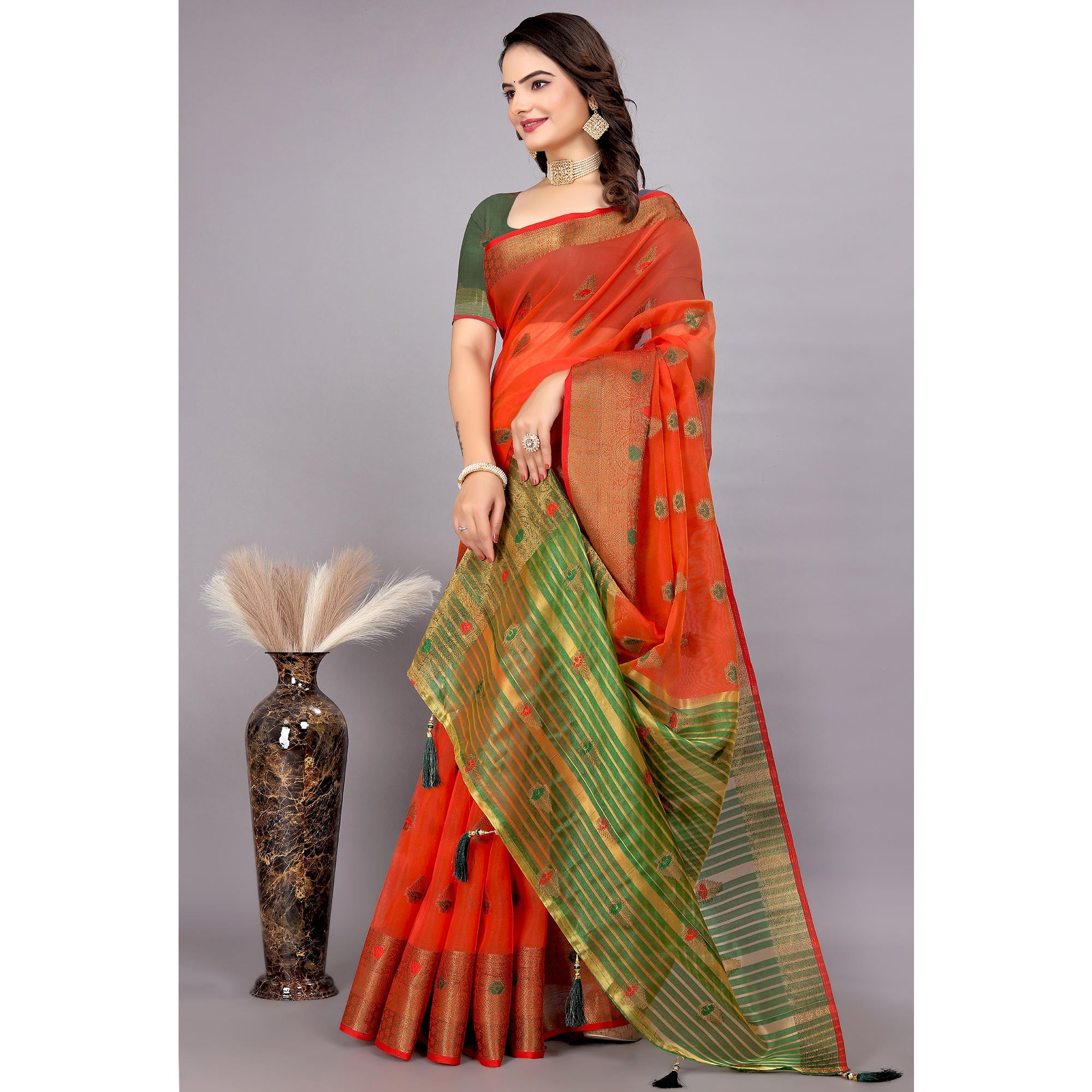 Red Floral Woven Cotton Silk Saree With Tassels