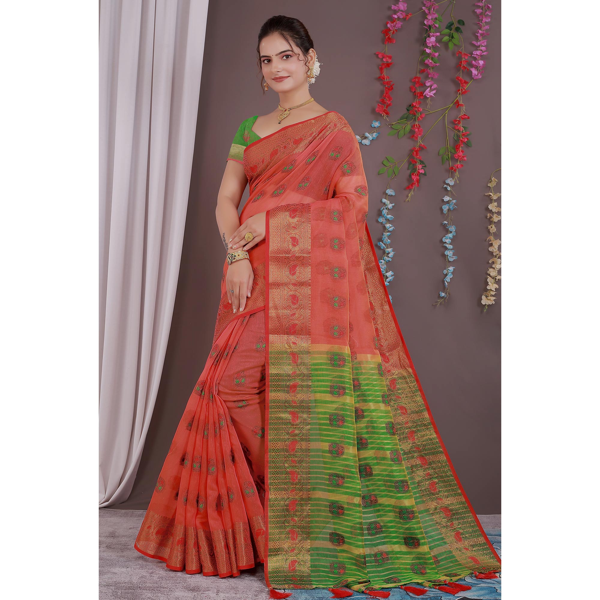 Red Floral Woven Cotton Silk Saree With Tassels