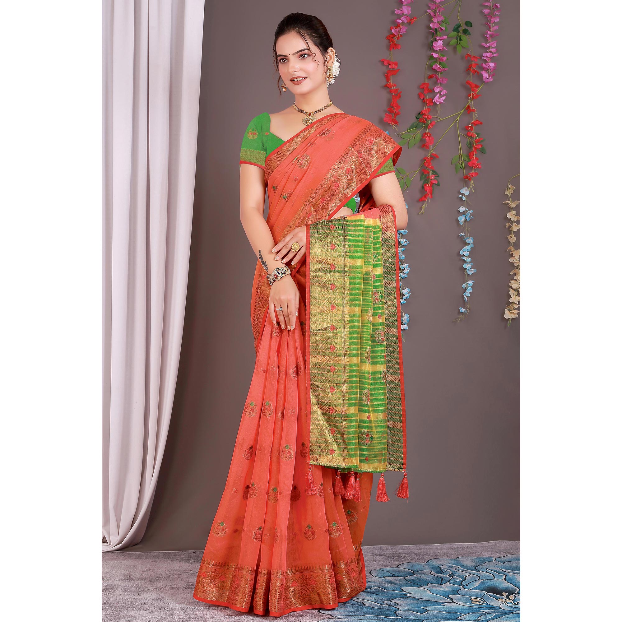 Red Floral Woven Cotton Silk Saree With Tassels