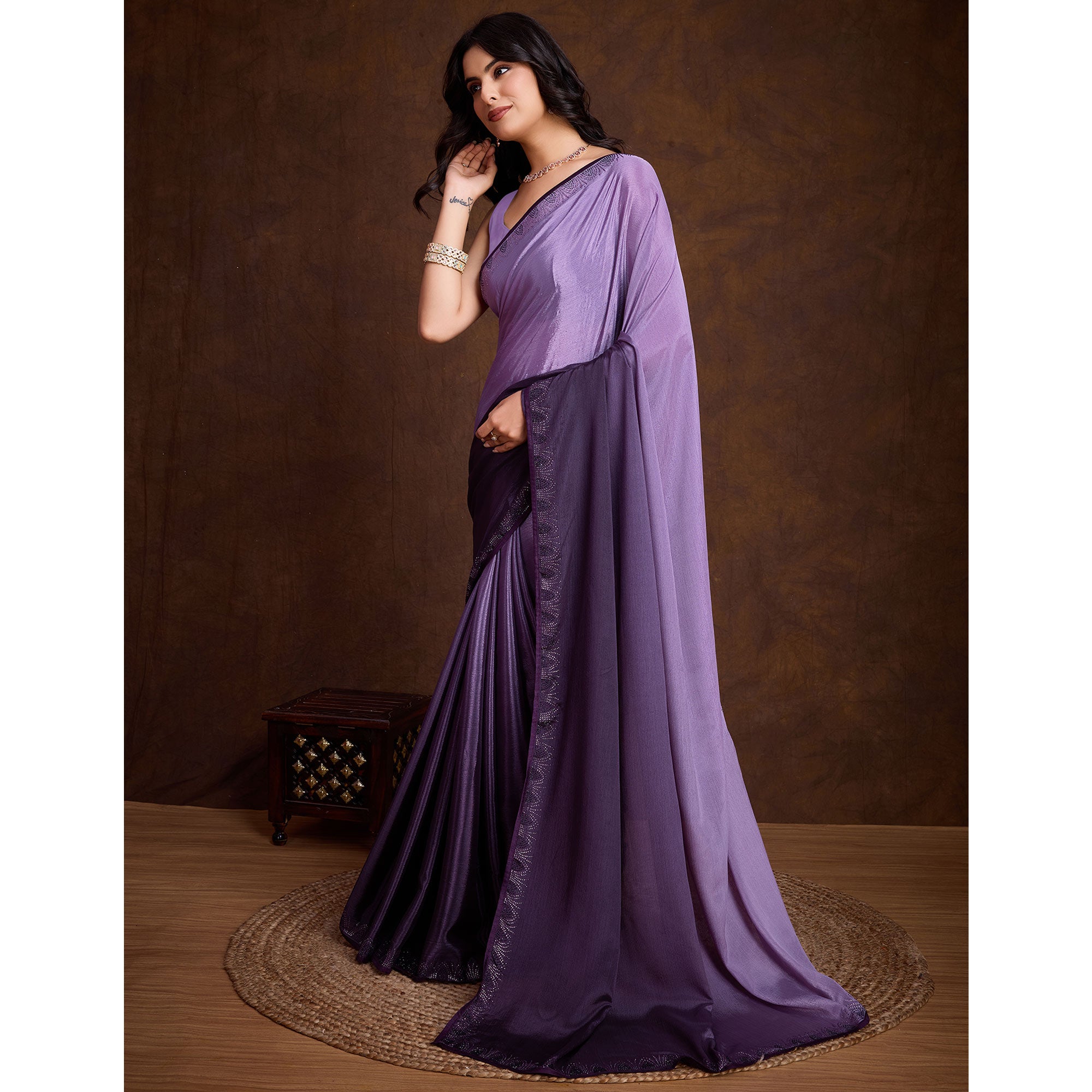 Purple Swarovski Border Work Chinon Ombre Saree