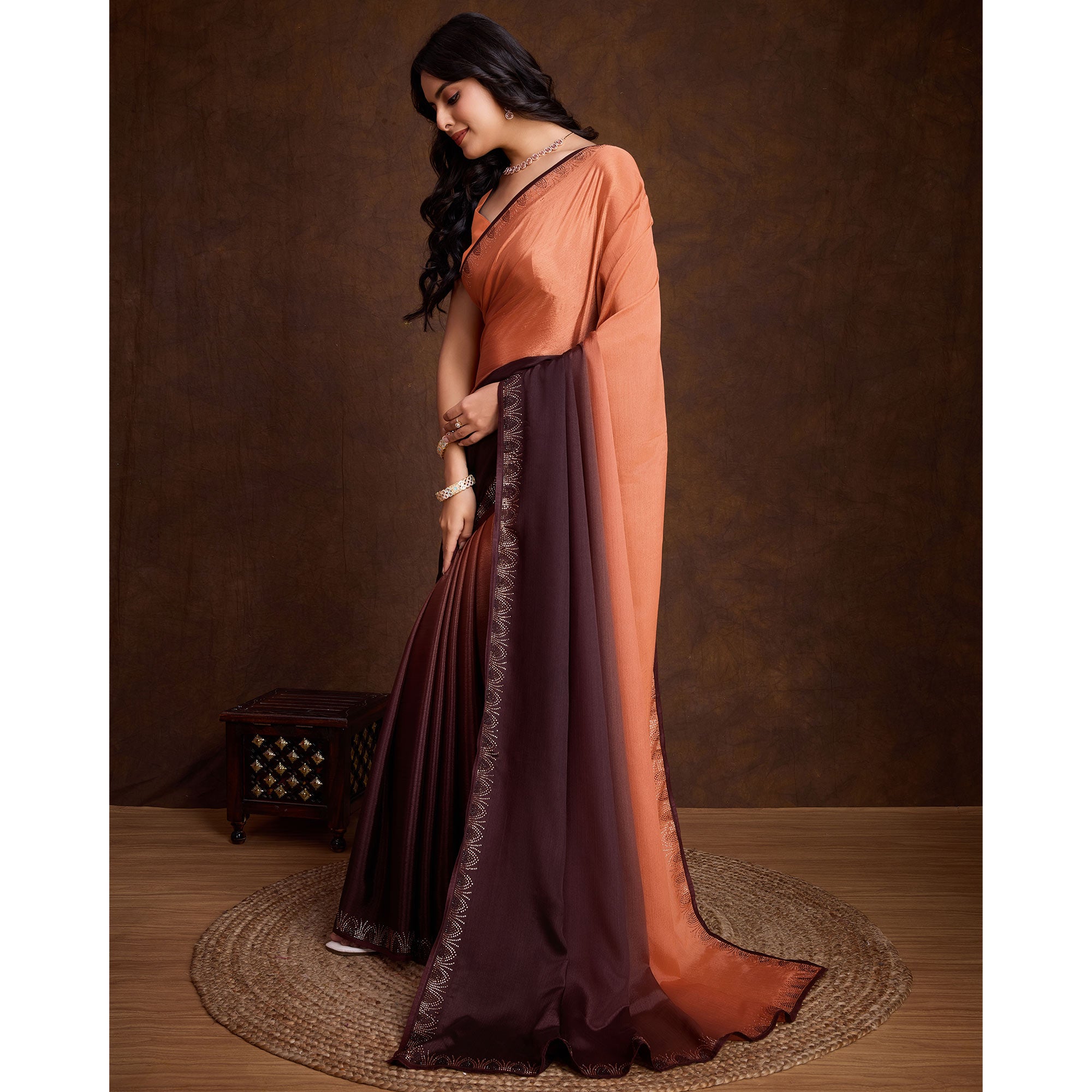 Peach & Brown Swarovski Border Work Chinon Ombre Saree