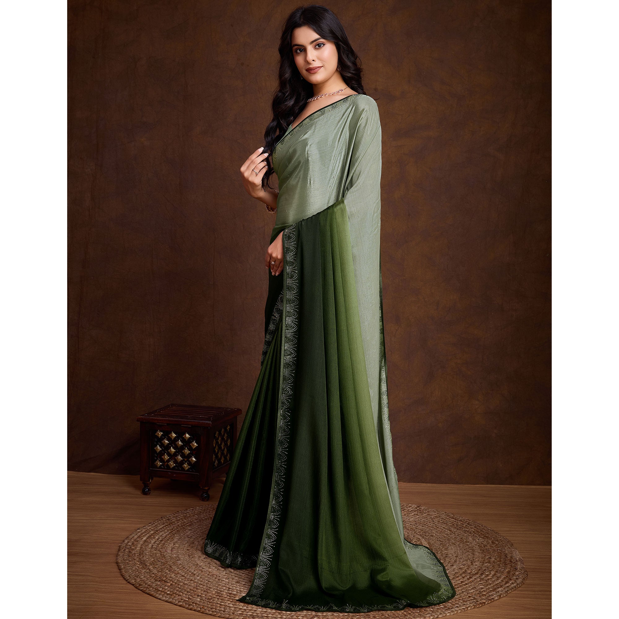Green Swarovski Border Work Chinon Ombre Saree