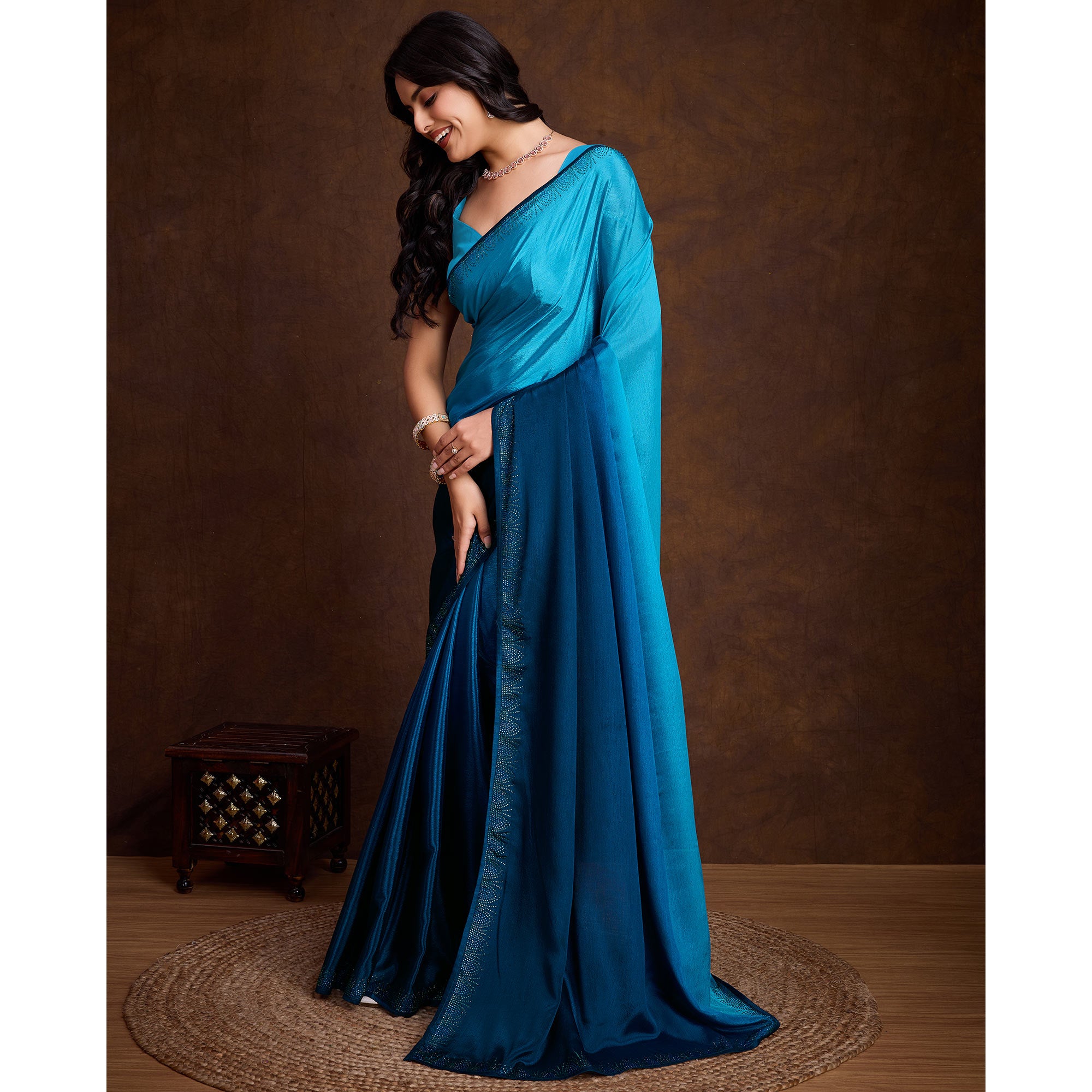 Blue Swarovski Border Work Chinon Ombre Saree