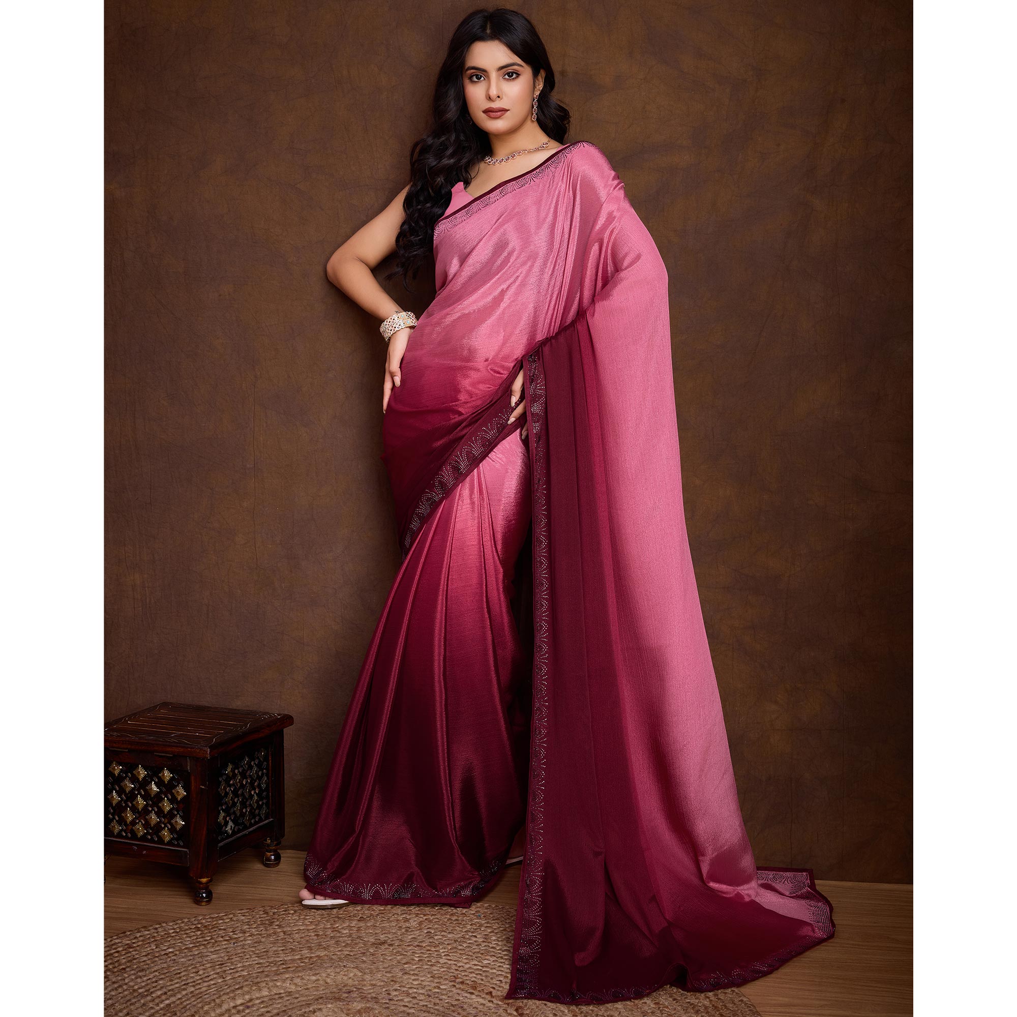 Pink Swarovski Border Work Chinon Ombre Saree
