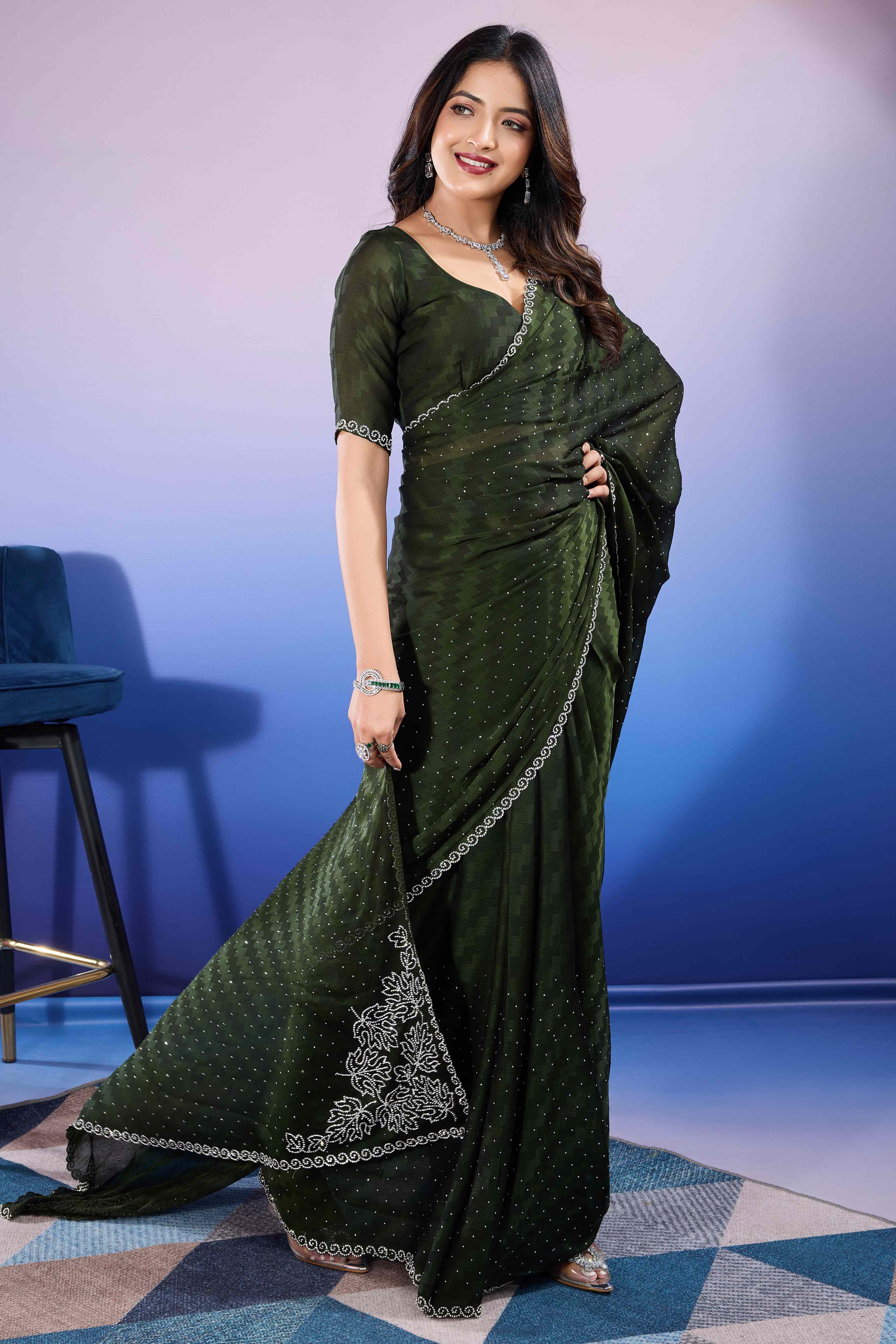 Bottle Green Diamond Zarkan Handwork Satin Chiffon Saree