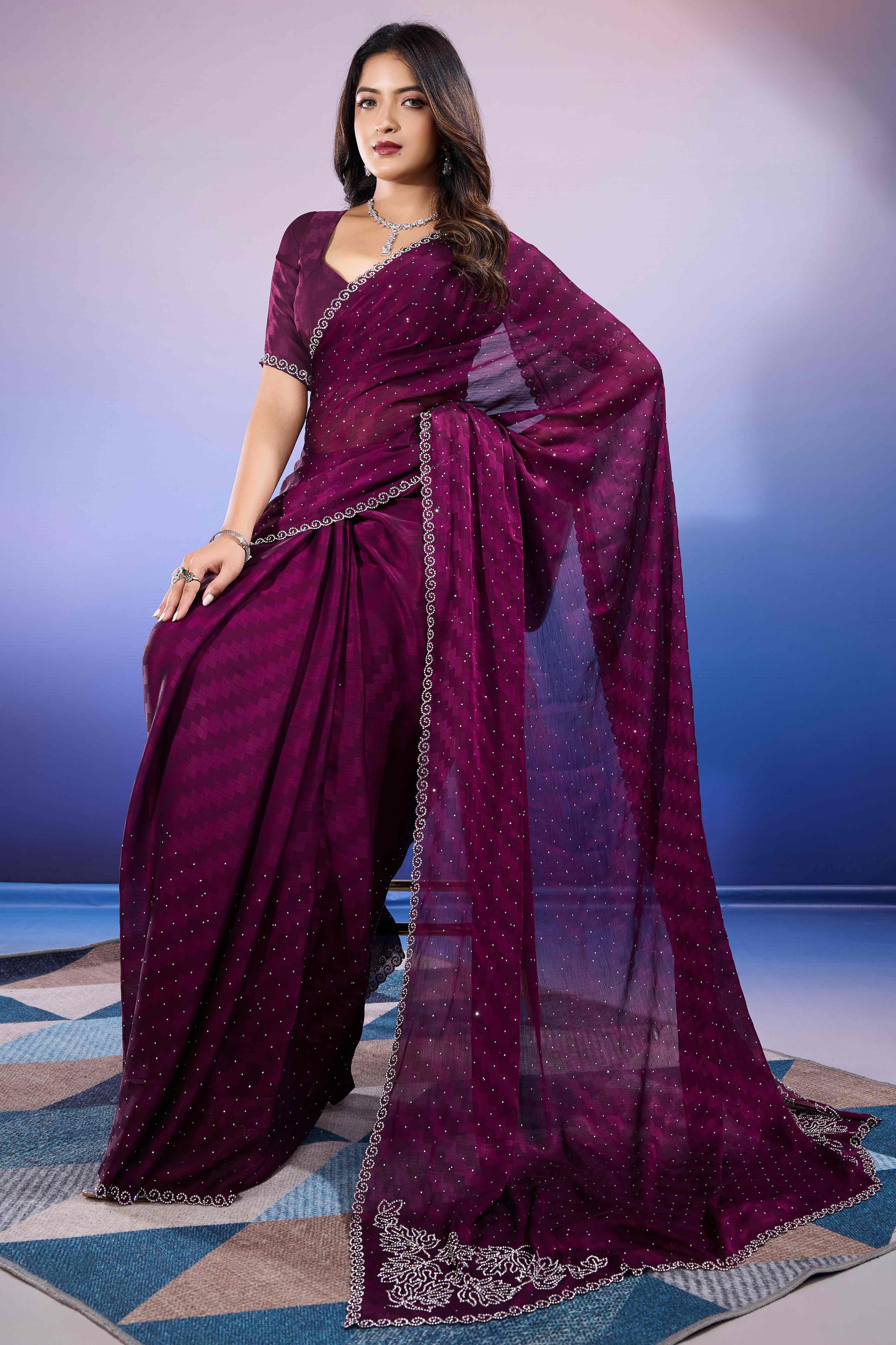 Wine Diamond Zarkan Handwork Satin Chiffon Saree