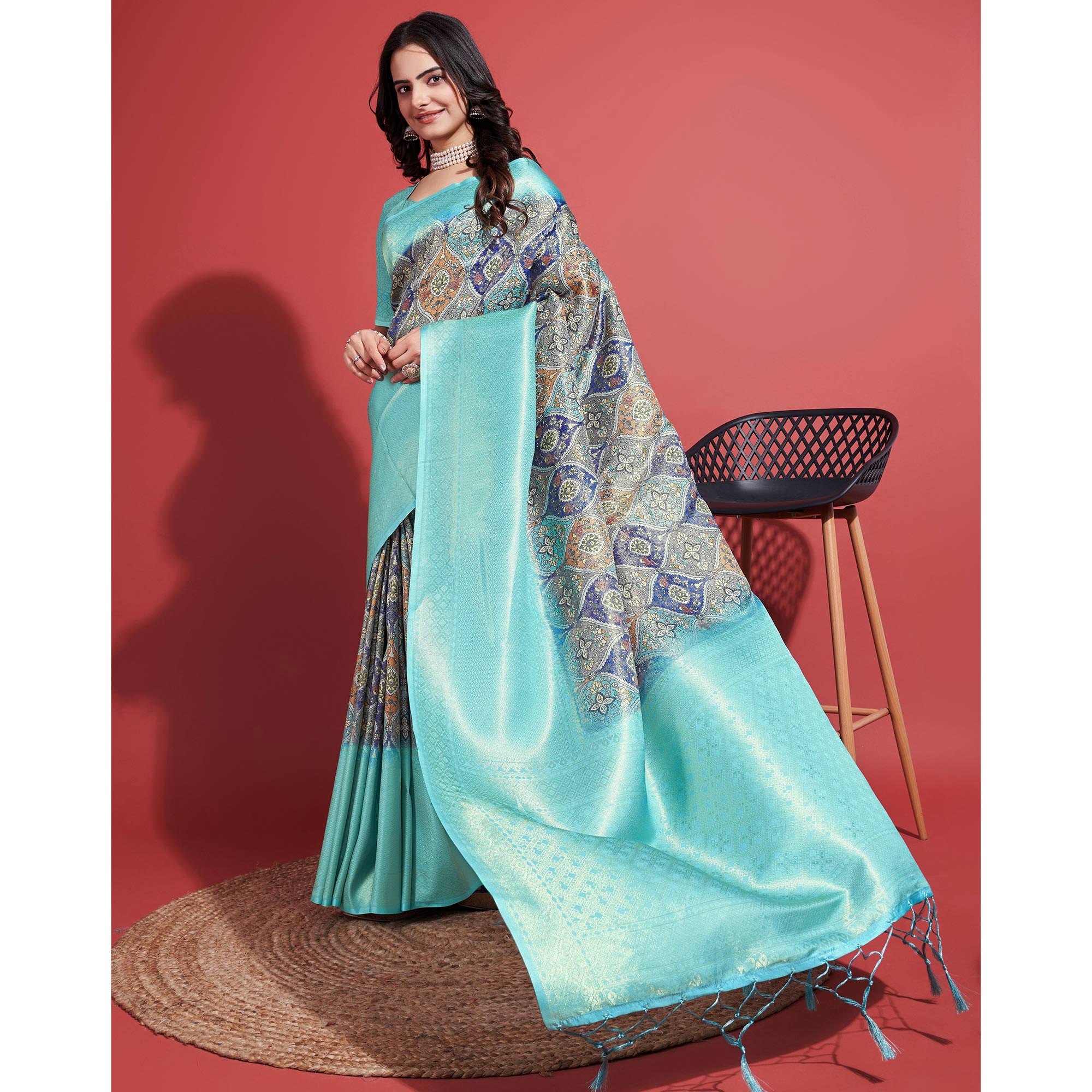 Aqua Floral Digital Printed With Woven Border Banarasi Silk Saree