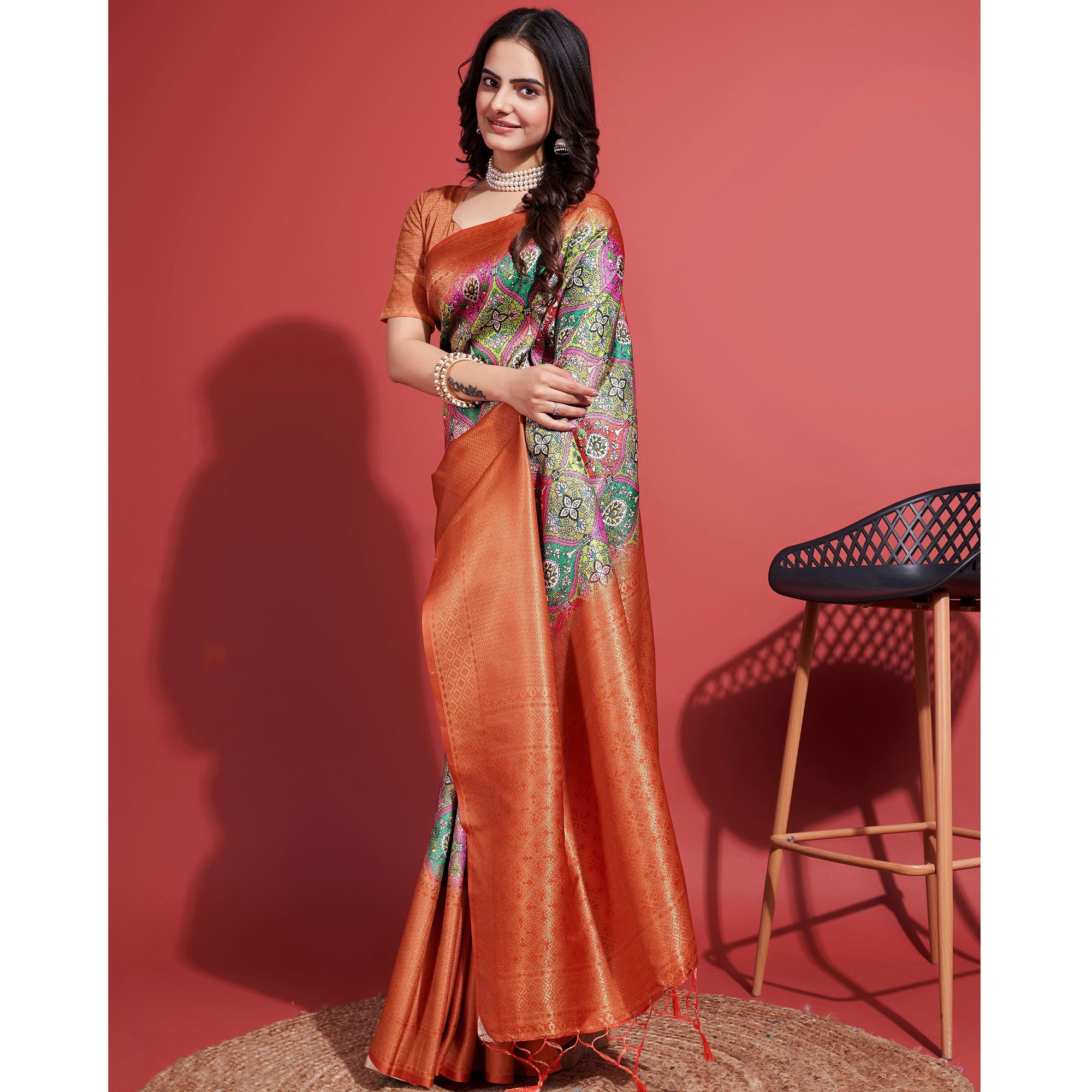 Orange Floral Digital Printed With Woven Border Banarasi Silk Saree