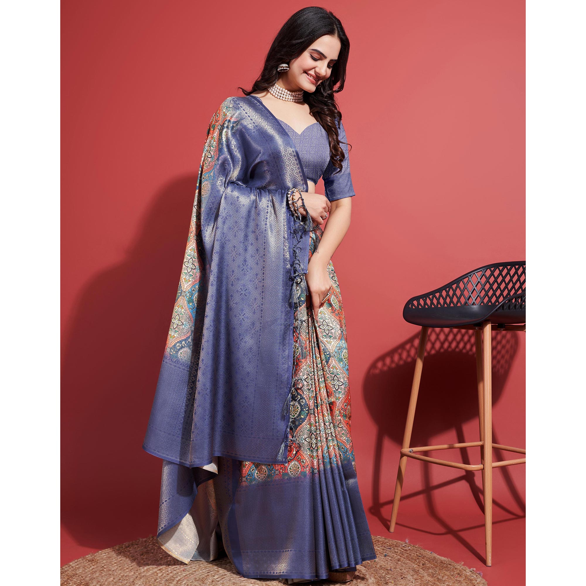 Navy Blue Floral Digital Printed With Woven Border Banarasi Silk Saree