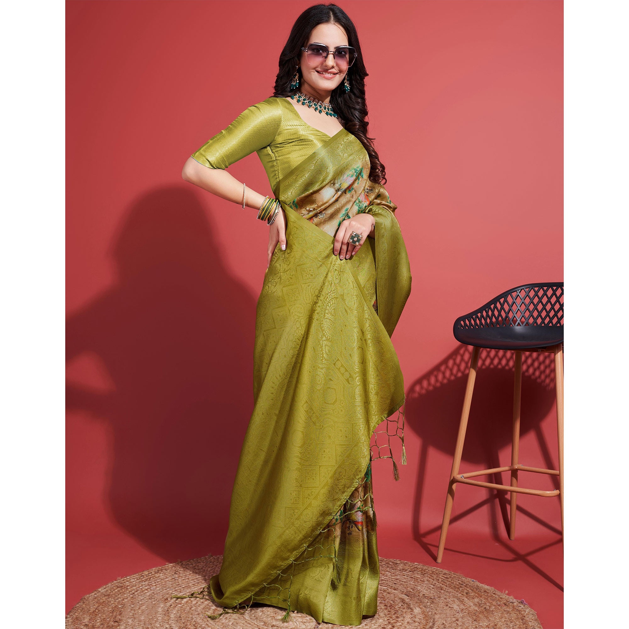 Green Floral Digital Printed With Woven Border Banarasi Silk Saree