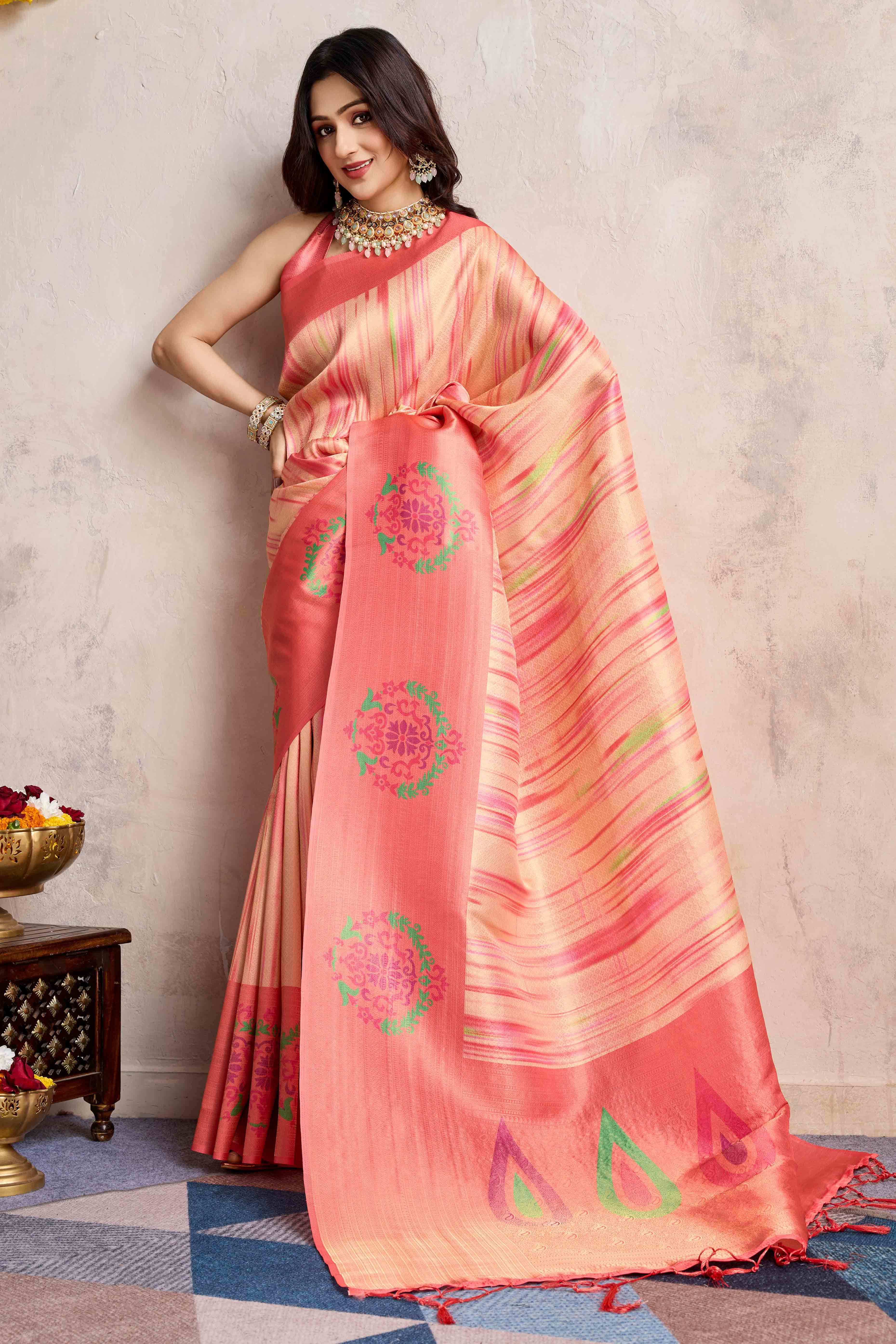 Peach Kanoko Print Weaving Soft Banarasi Silk Saree