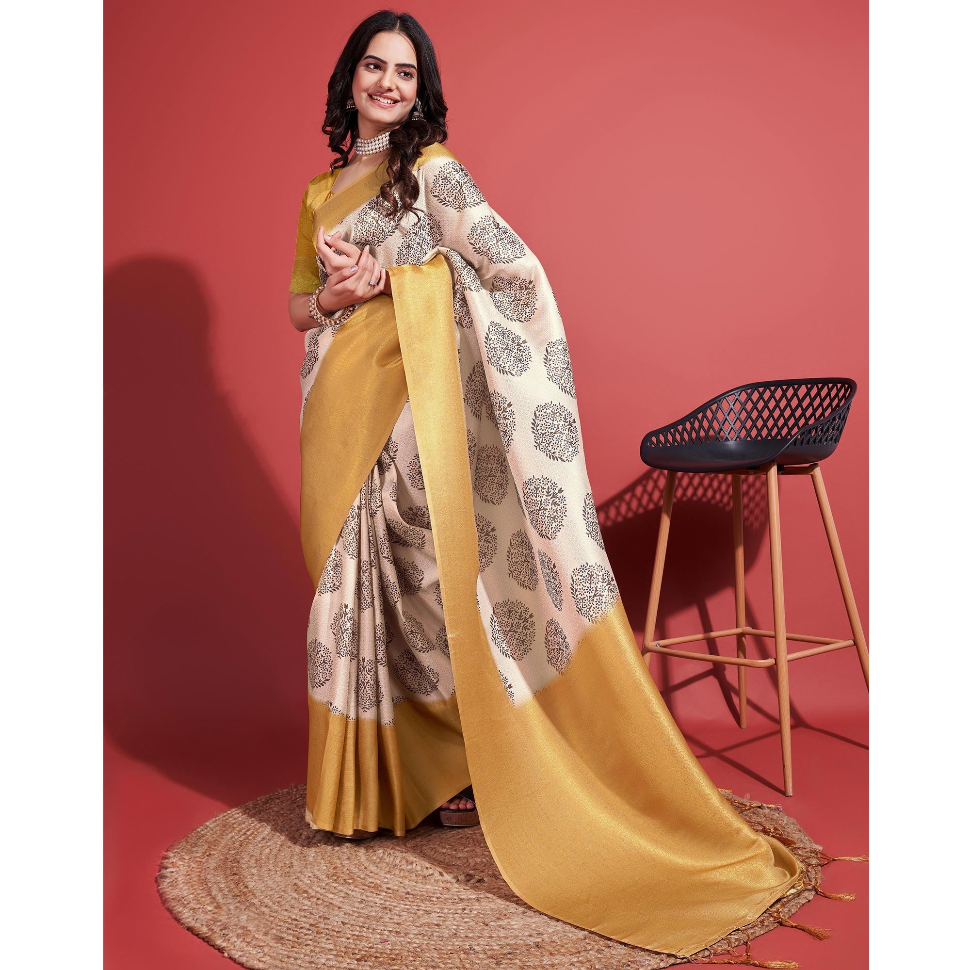 Yellow & Off White Floral Digital Printed With Woven Banarasi Silk Saree