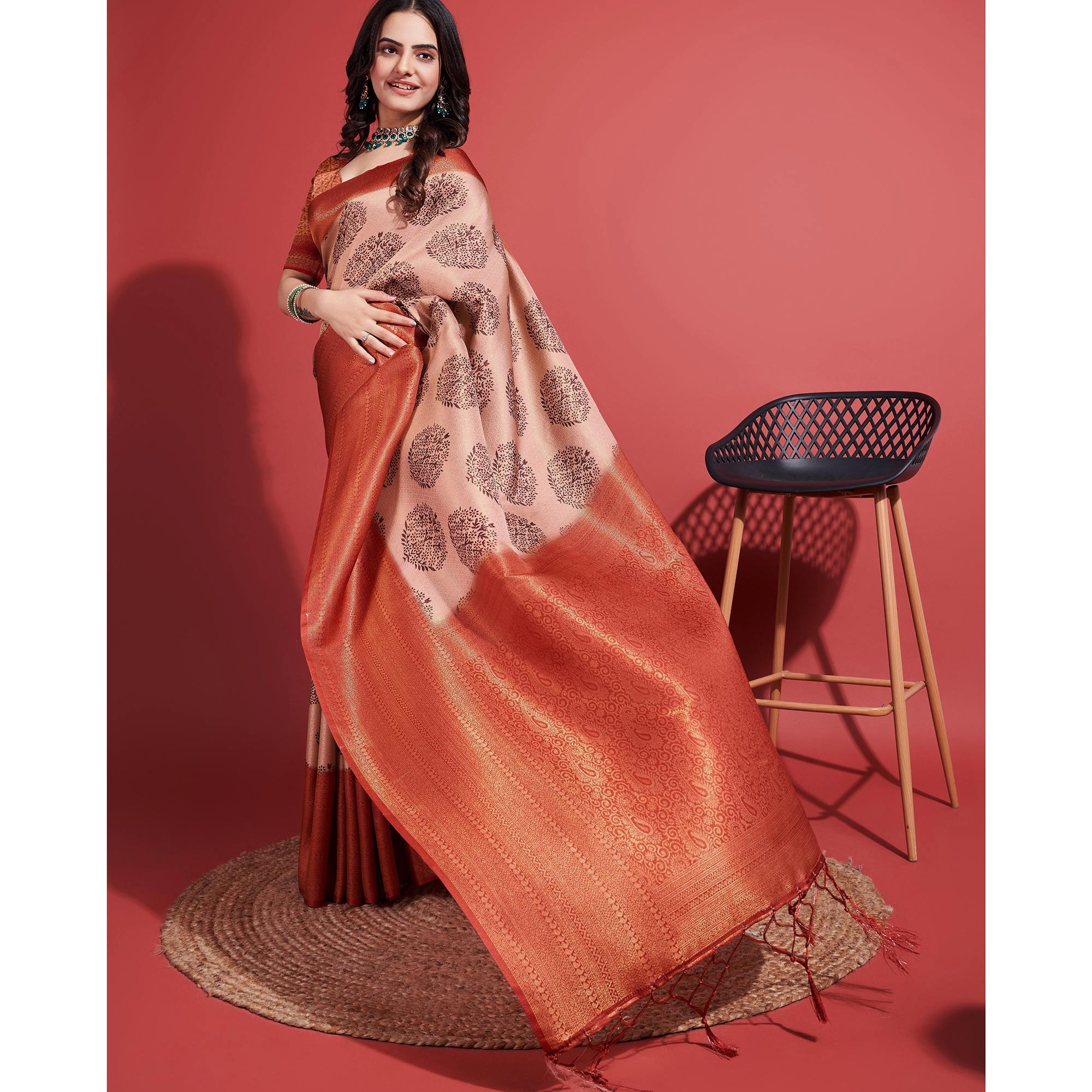 Rust & Beige Floral Digital Printed With Woven Banarasi Silk Saree