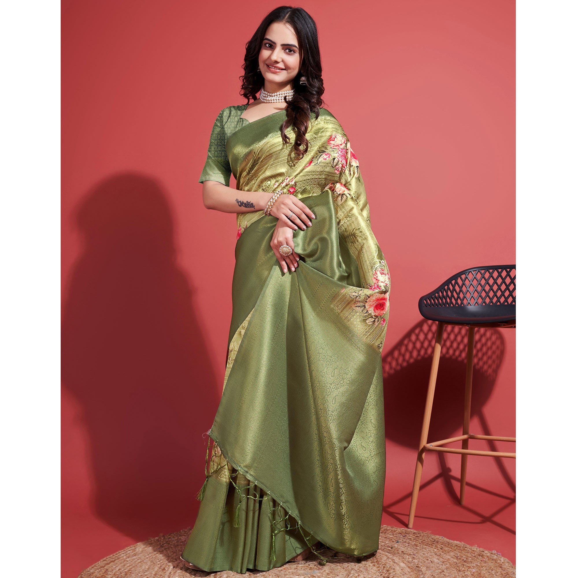 Light Olive Green Floral Digital Printed With Woven Banarasi Silk Saree