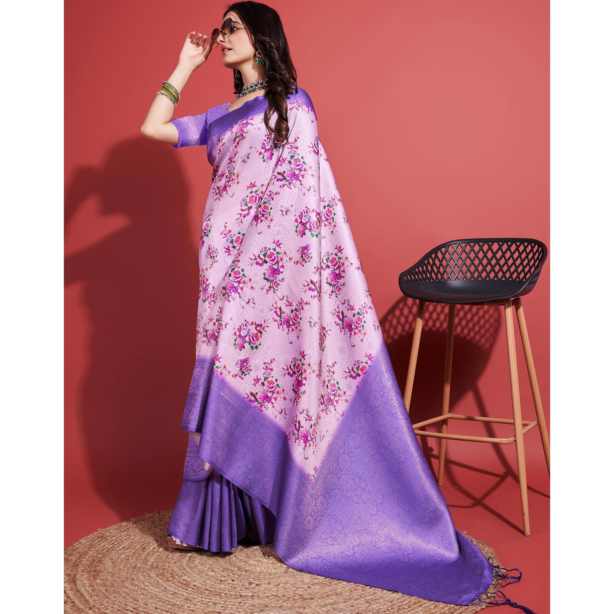 Lavender Floral Digital Printed With Woven Banarasi Silk Saree
