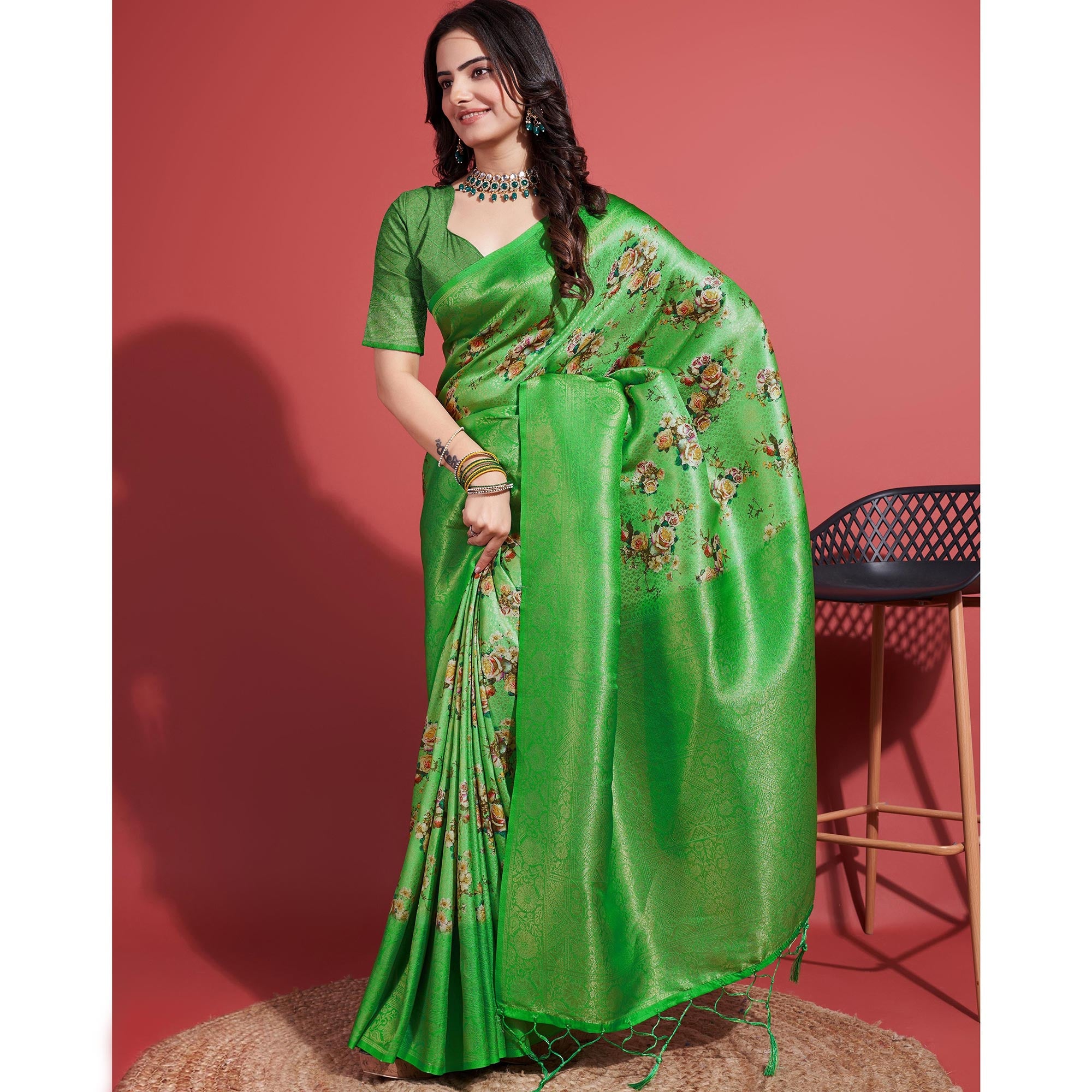 Green Floral Digital Printed With Woven Banarasi Silk Saree