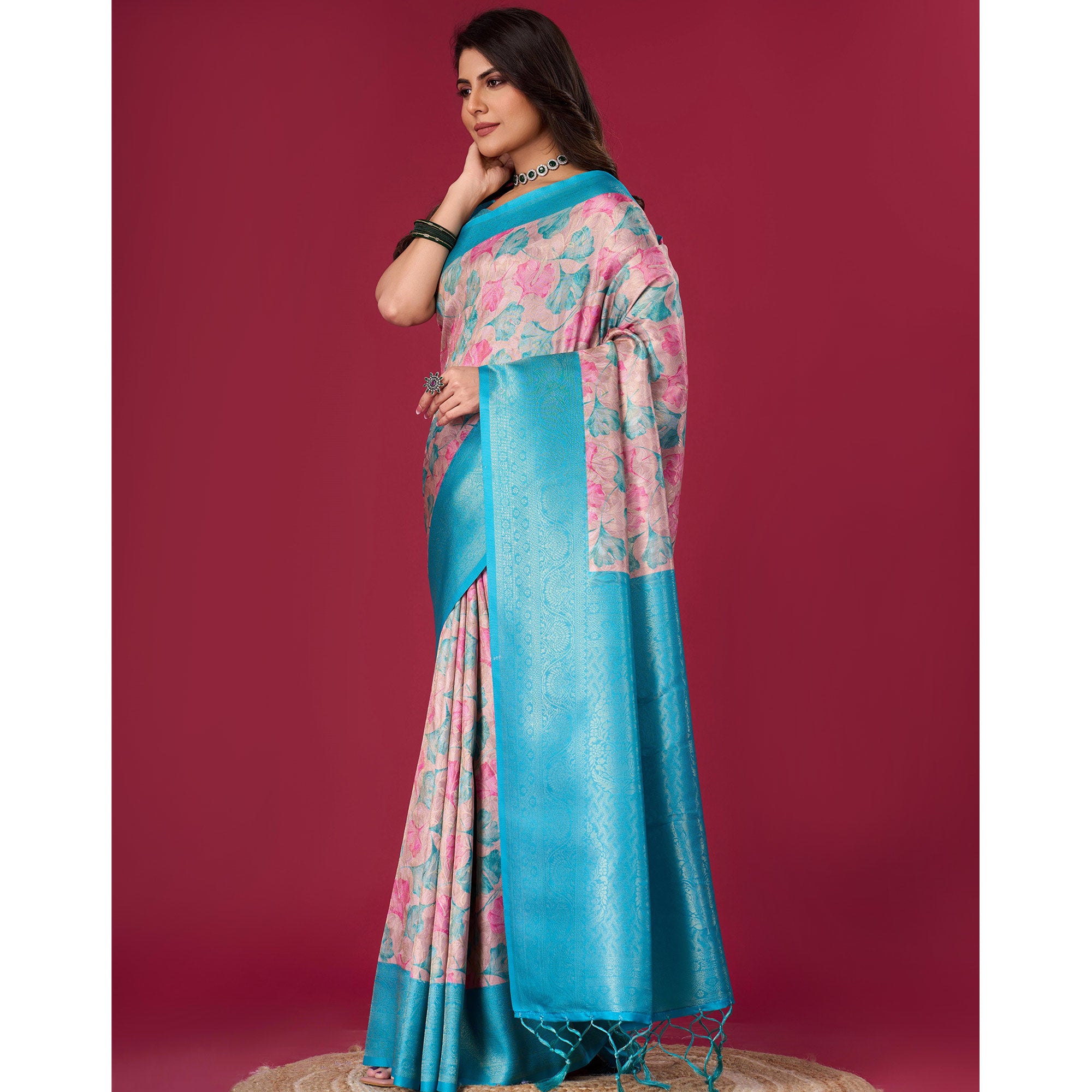 Turquoise Floral Digital Printed With Woven Pure Silk Saree