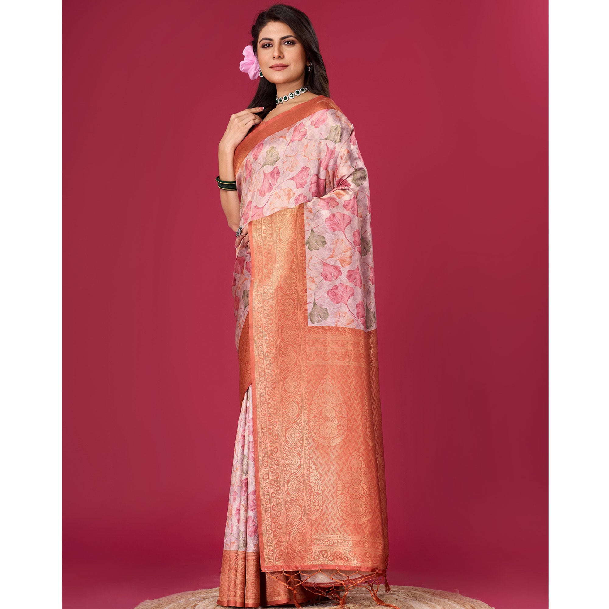 Rust Floral Digital Printed With Woven Pure Silk Saree