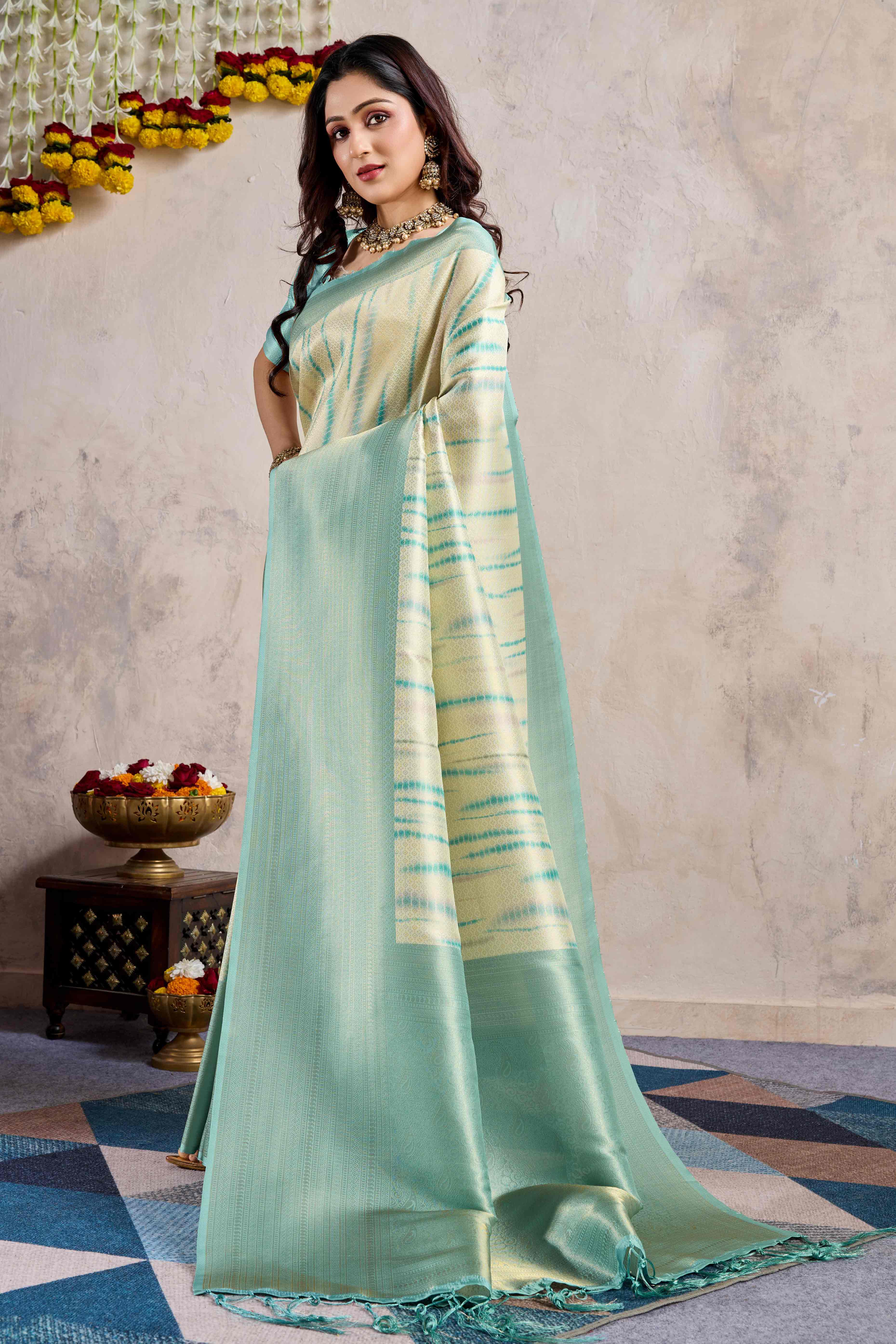 Turquoise Woven With Digital Printed Banarasi Silk Saree