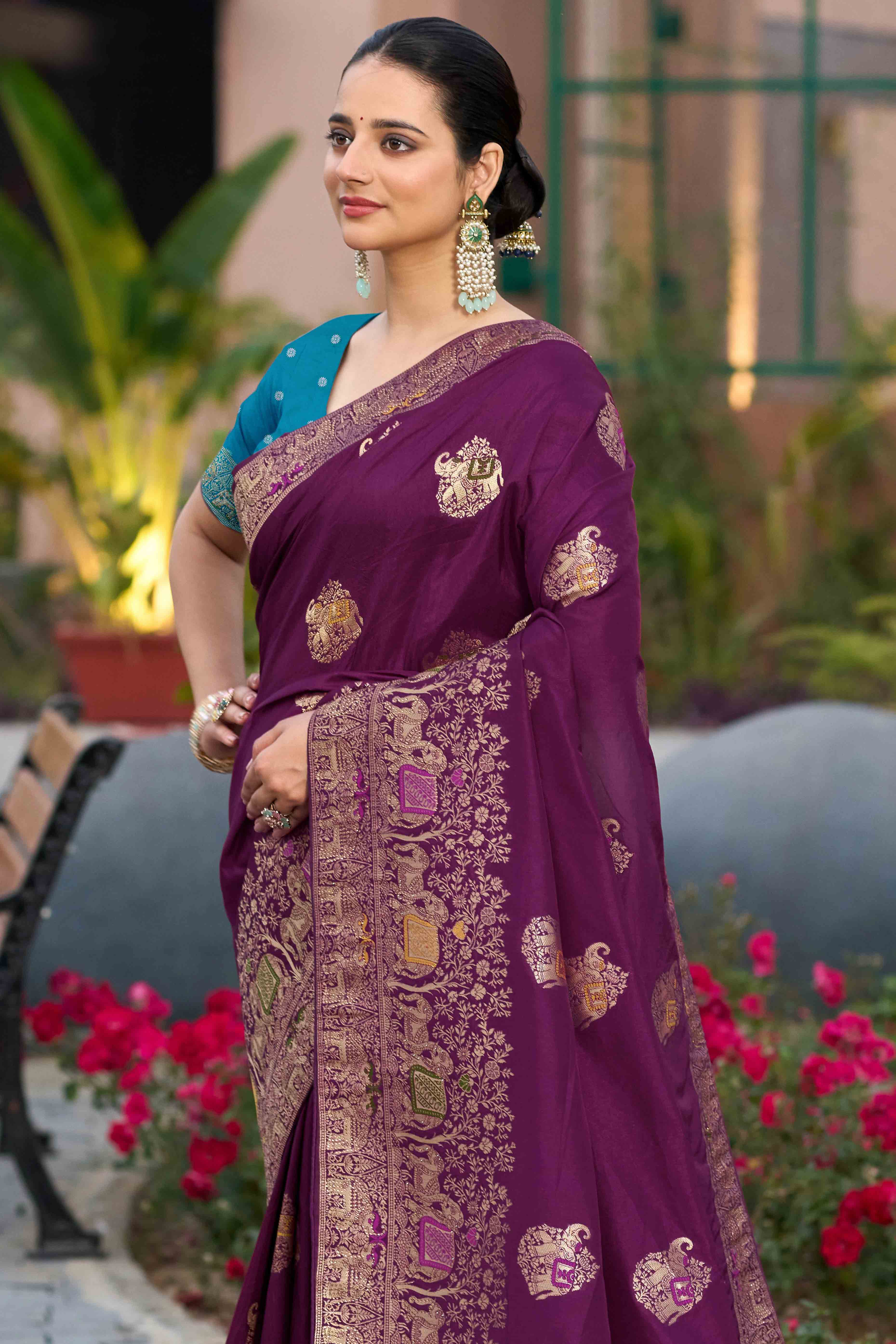 Wine Zari Woven Dola Silk Saree With Intricate Meenakari & Swarovski Embellishments