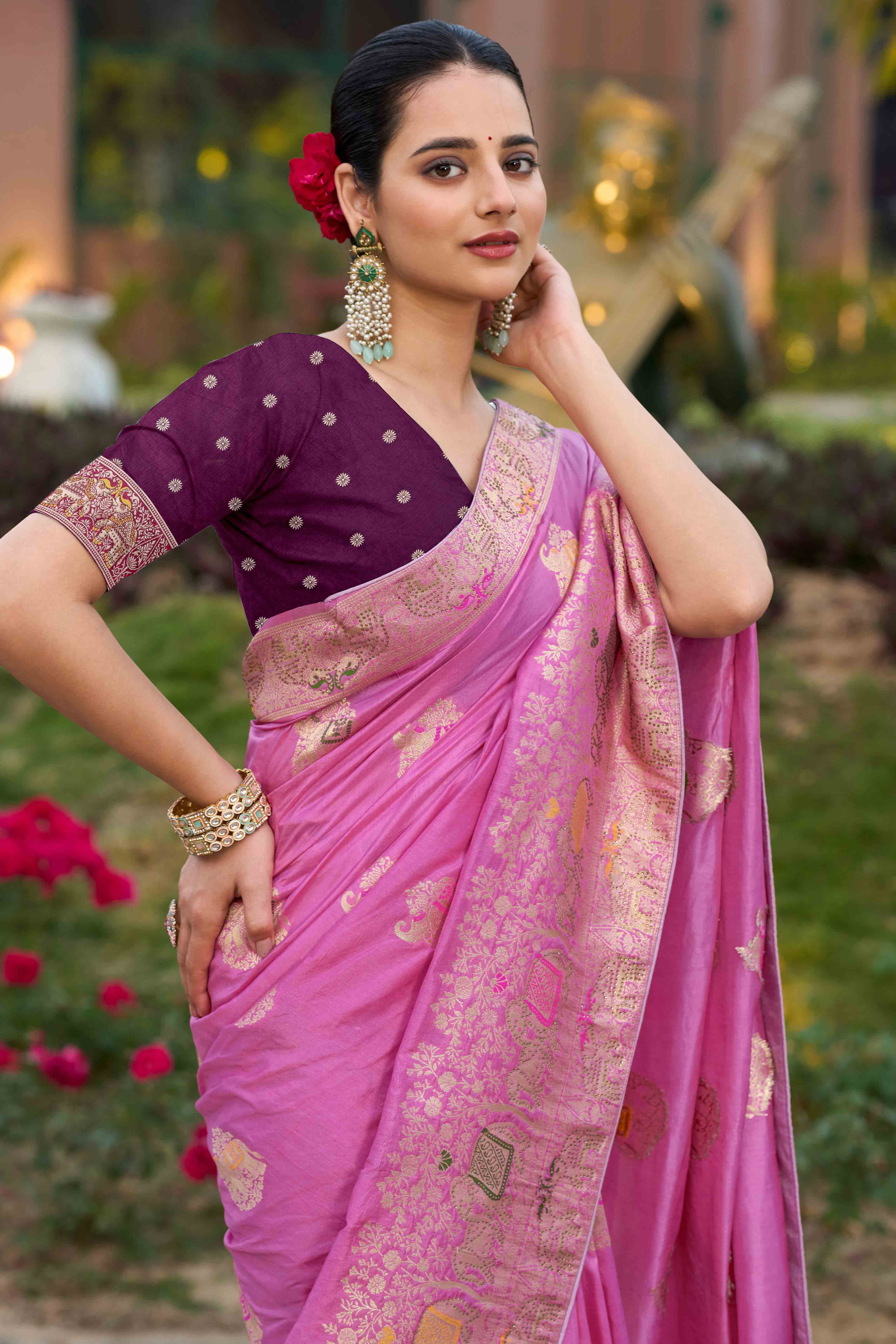 Pink Zari Woven Dola Silk Saree With Intricate Meenakari & Swarovski Embellishments