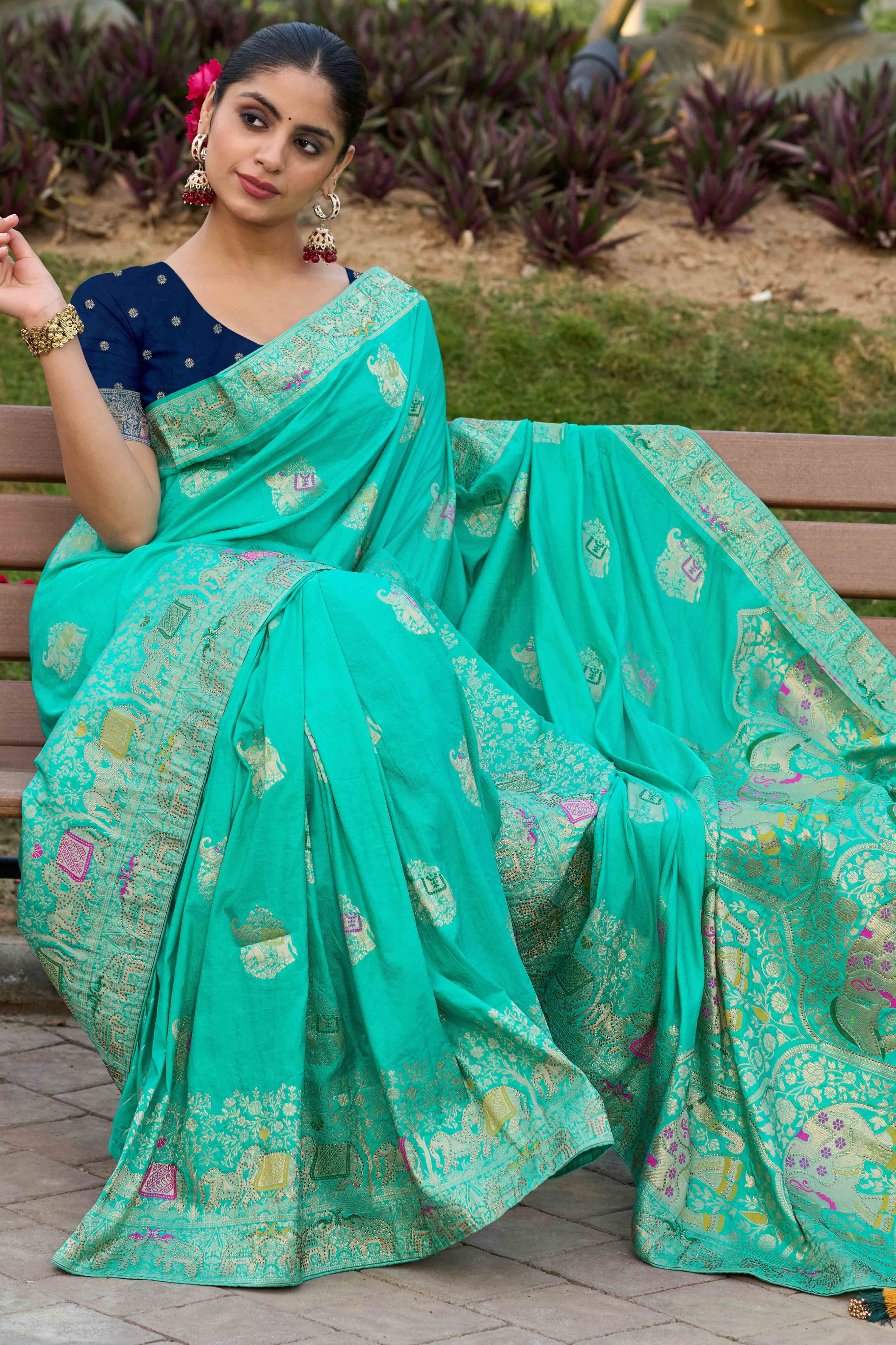 Turquoise Zari Woven Dola Silk Saree With Intricate Meenakari & Swarovski Embellishments