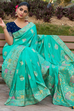Turquoise Zari Woven Dola Silk Saree With Intricate Meenakari & Swarovski Embellishments
