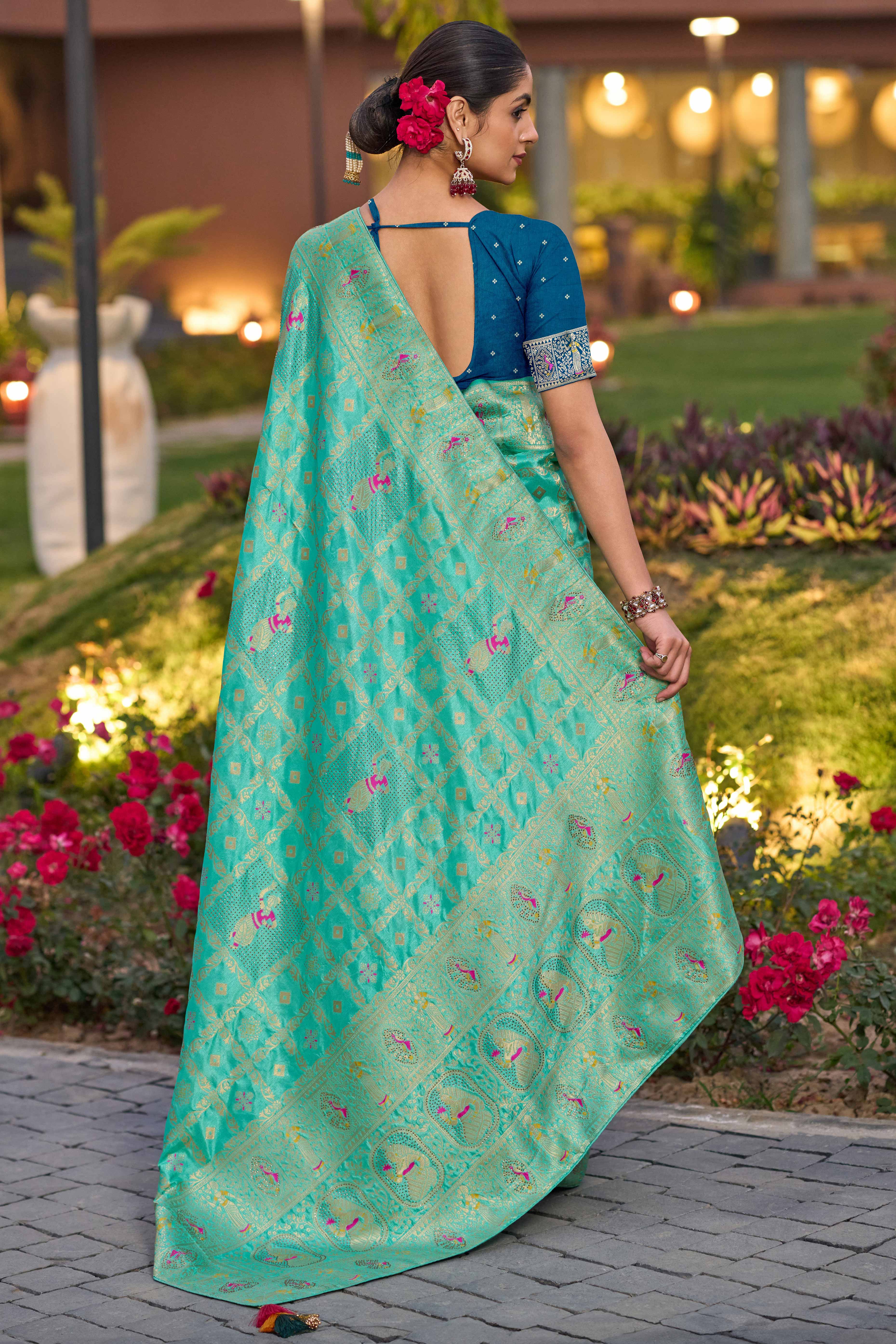 Turquoise Dola Silk Saree Featuring Intricate Gharchola Woven Design