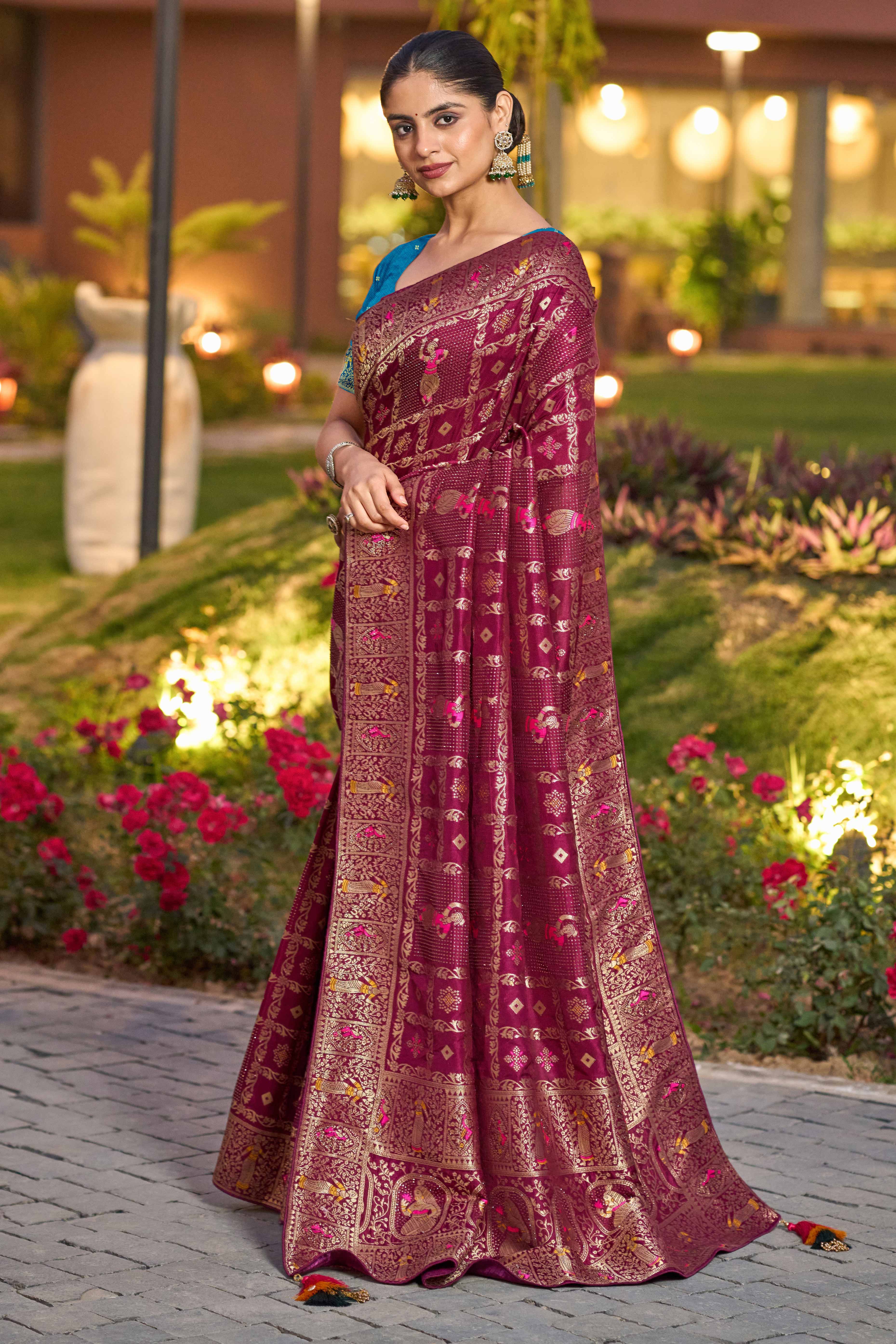 Burgundy Dola Silk Saree Featuring Intricate Gharchola Woven Design