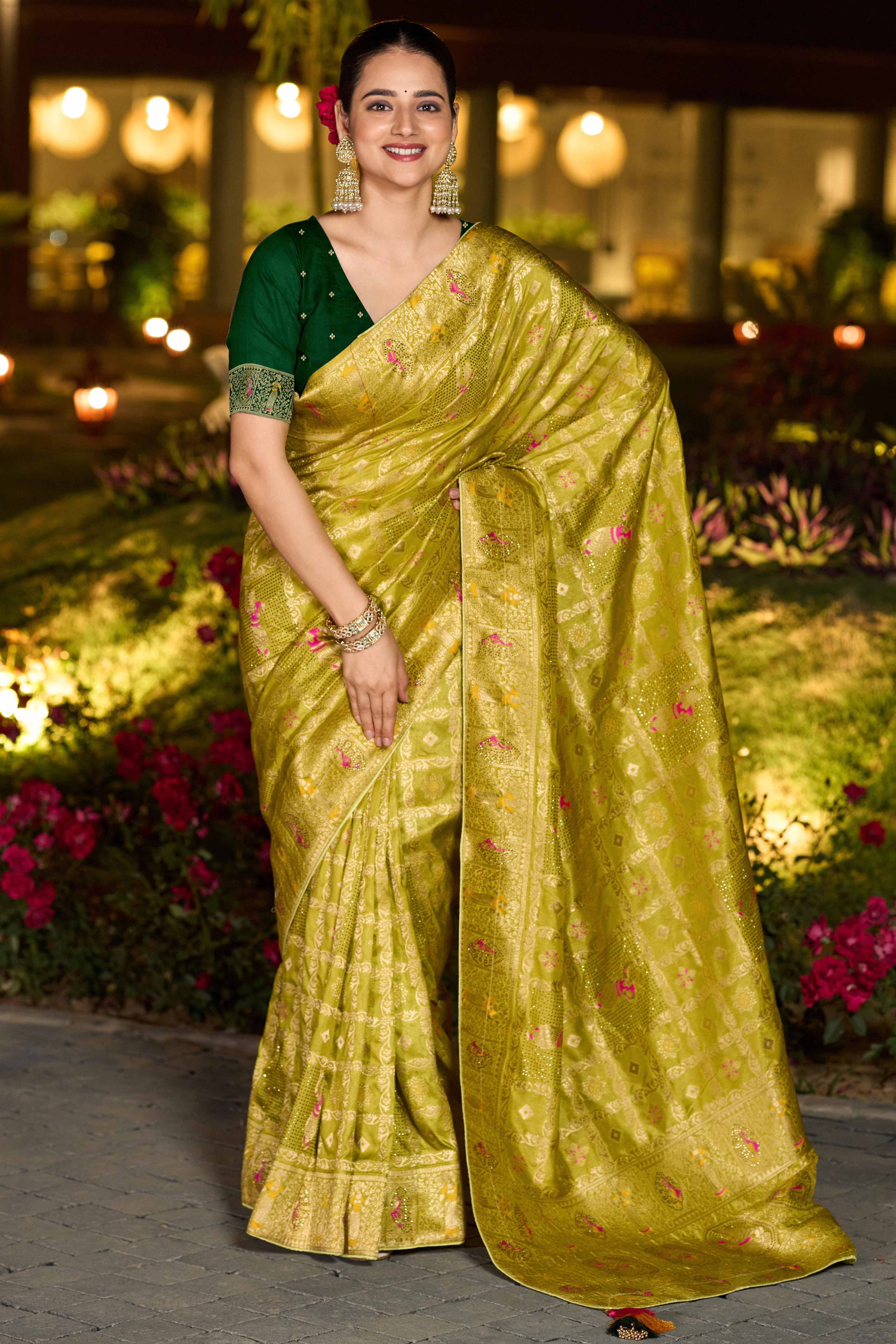 Olive Dola Silk Saree Featuring Intricate Gharchola Woven Design