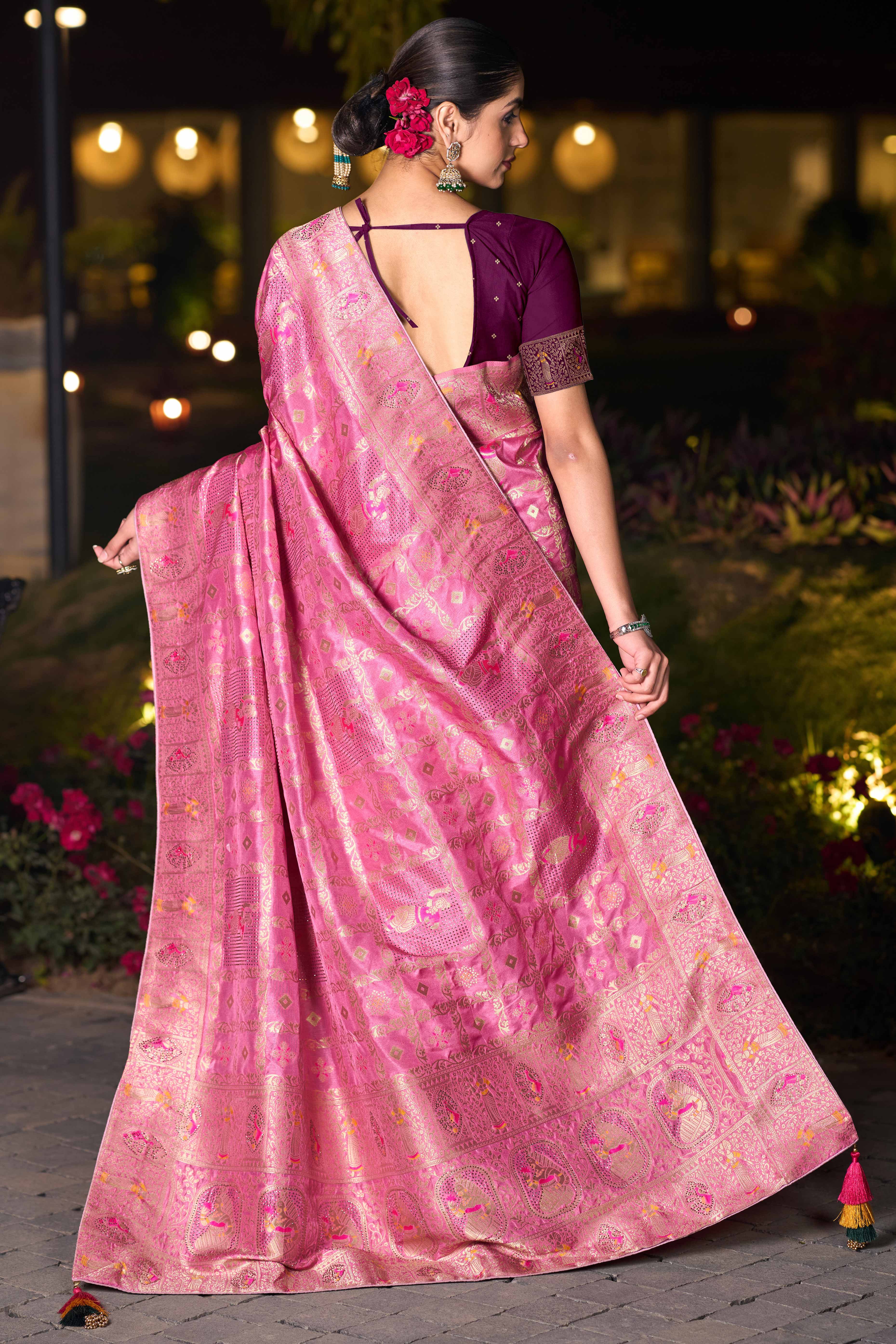 Dusty Pink Dola Silk Saree Featuring Intricate Gharchola Woven Design