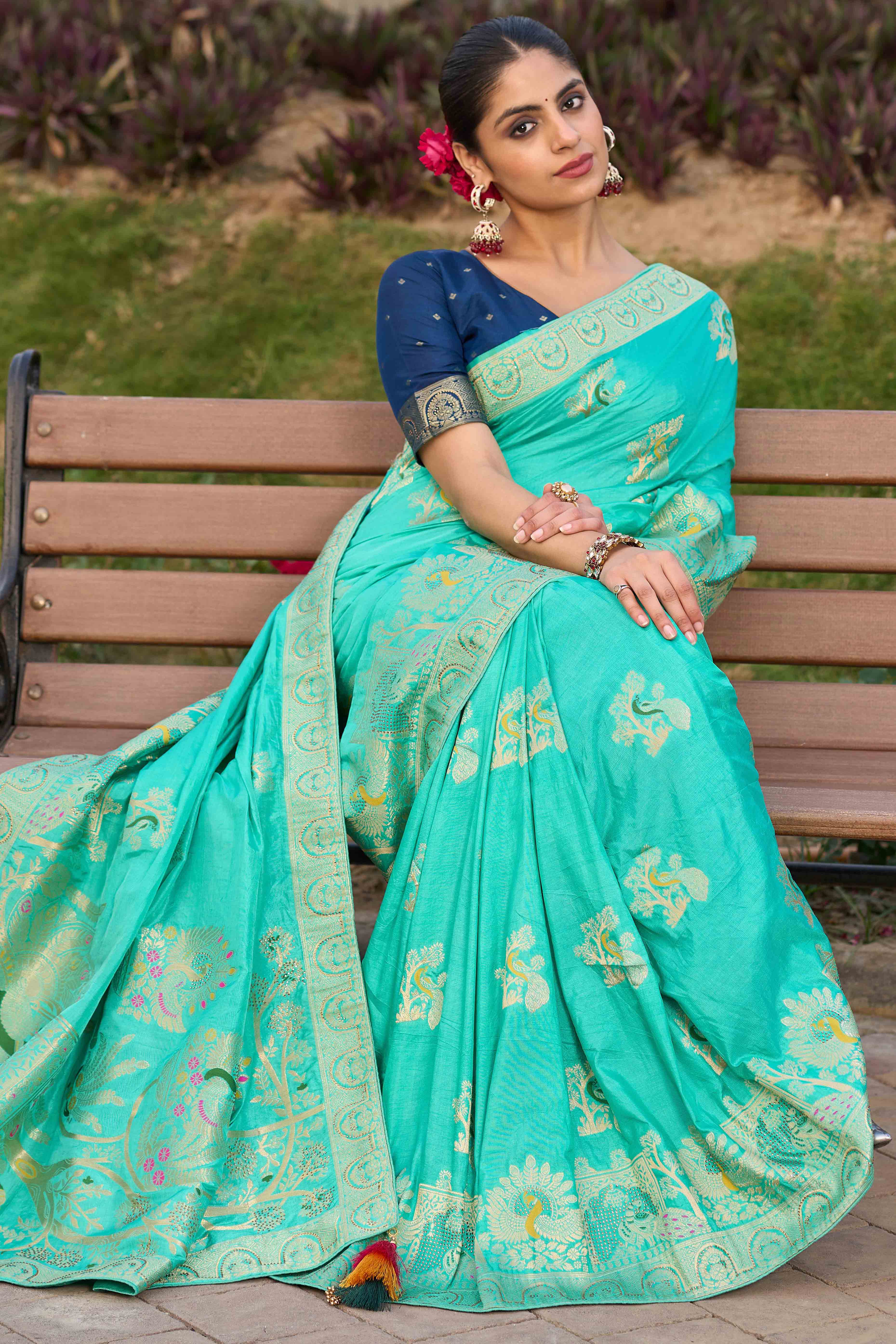 Radiant Turquoise Dola Silk Saree With Intricate Zari Weaving & Swarovski Accents