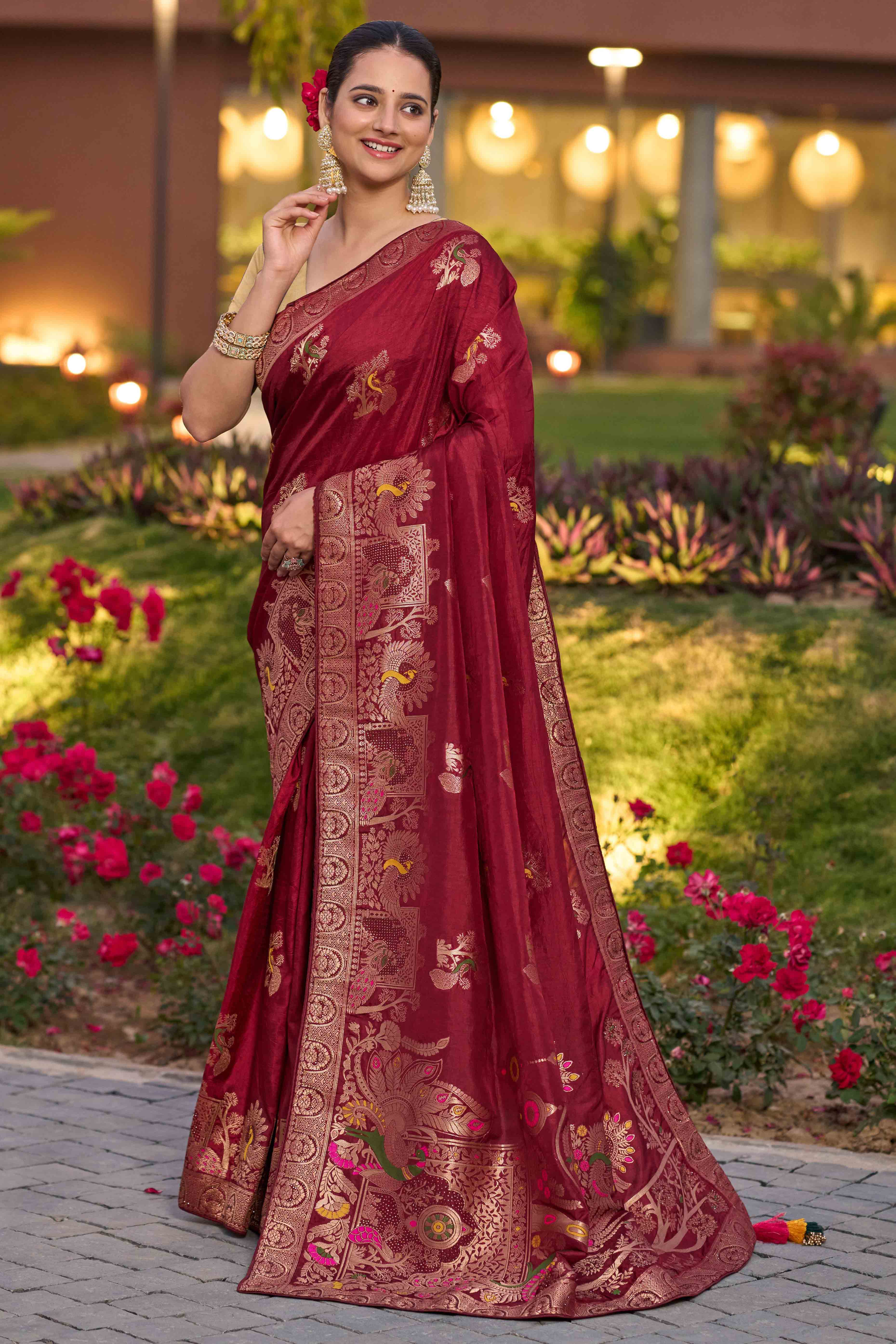 Opulent Maroon Dola Silk Saree With Exquisite Zari Weaving & Swarovski Embellishments