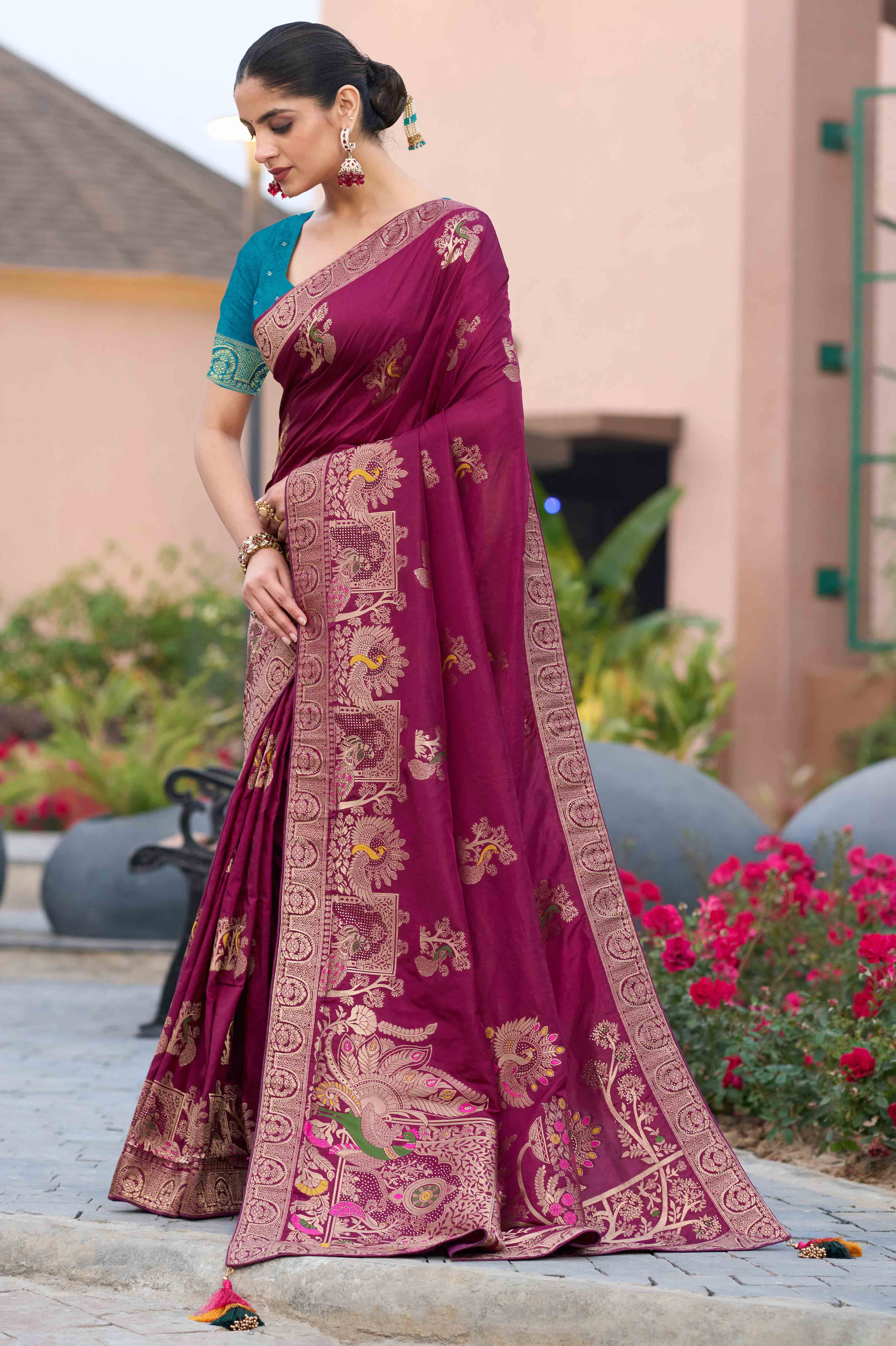 Royal Dark Magenta Dola Silk Saree With Intricate Zari Weaving & Swarovski Embellishments