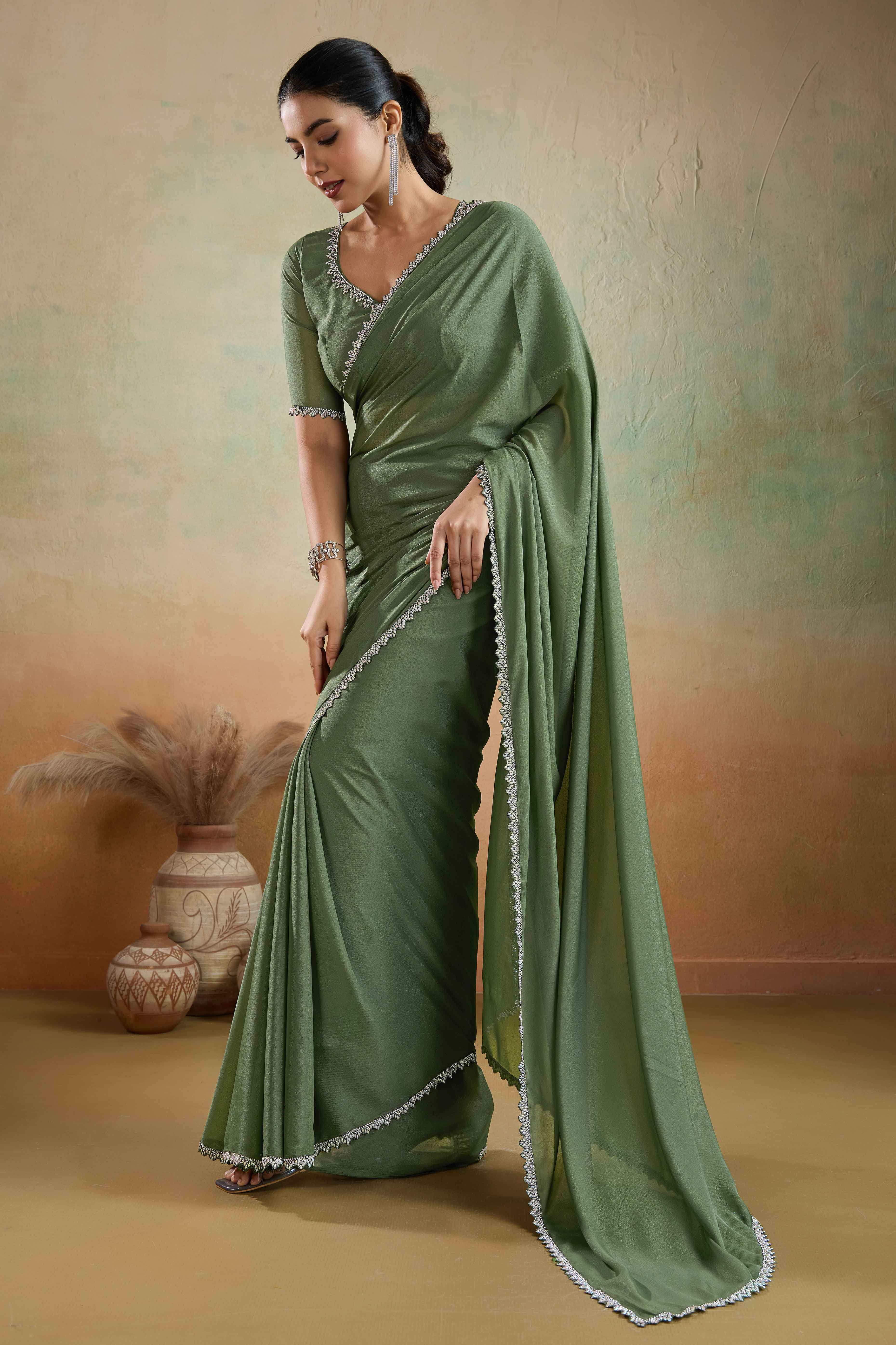 Green Solid Matt Georgette Saree With Ceramic Embellished Lace Border
