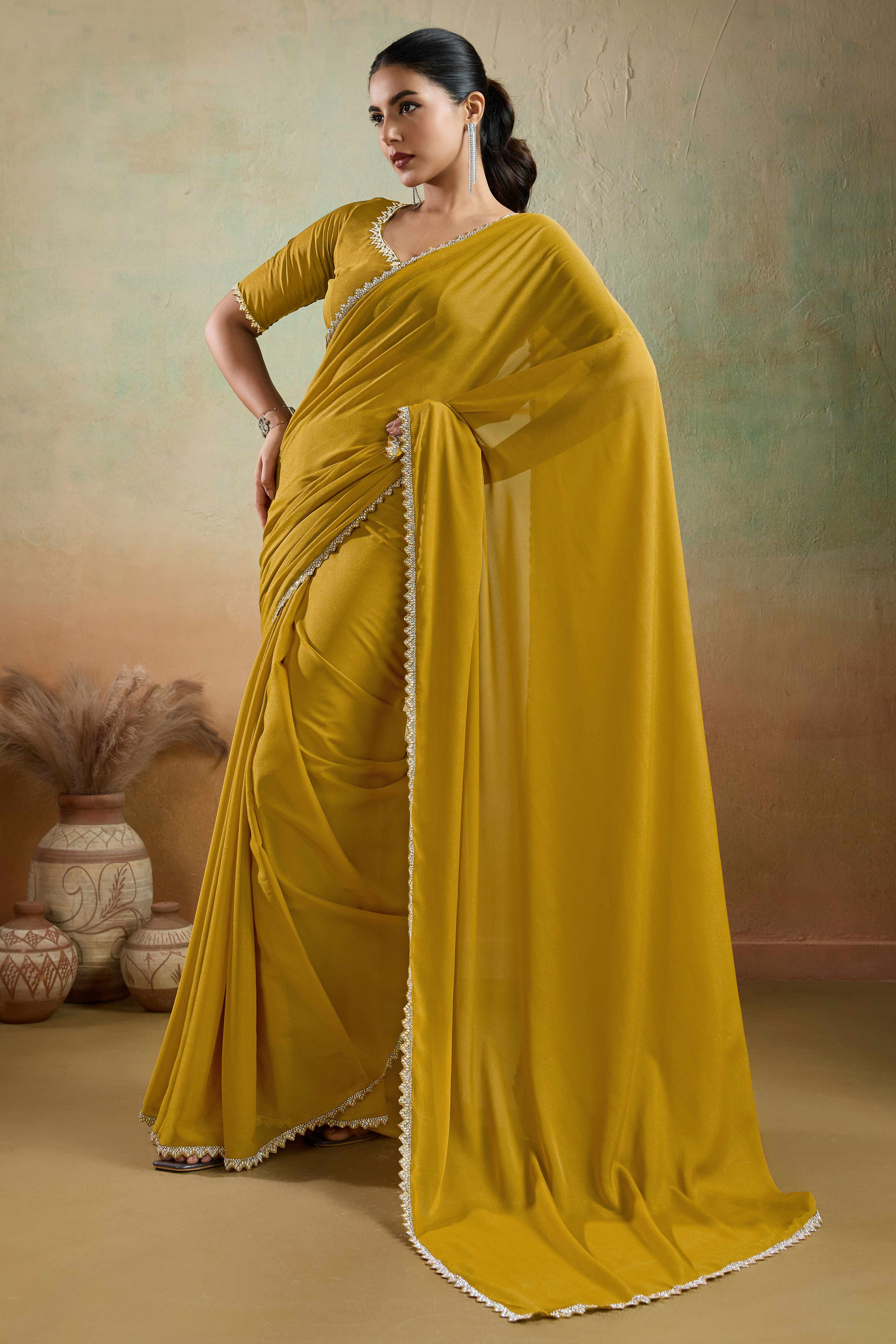 Mustard Solid Matt Georgette Saree With Ceramic Embellished Lace Border