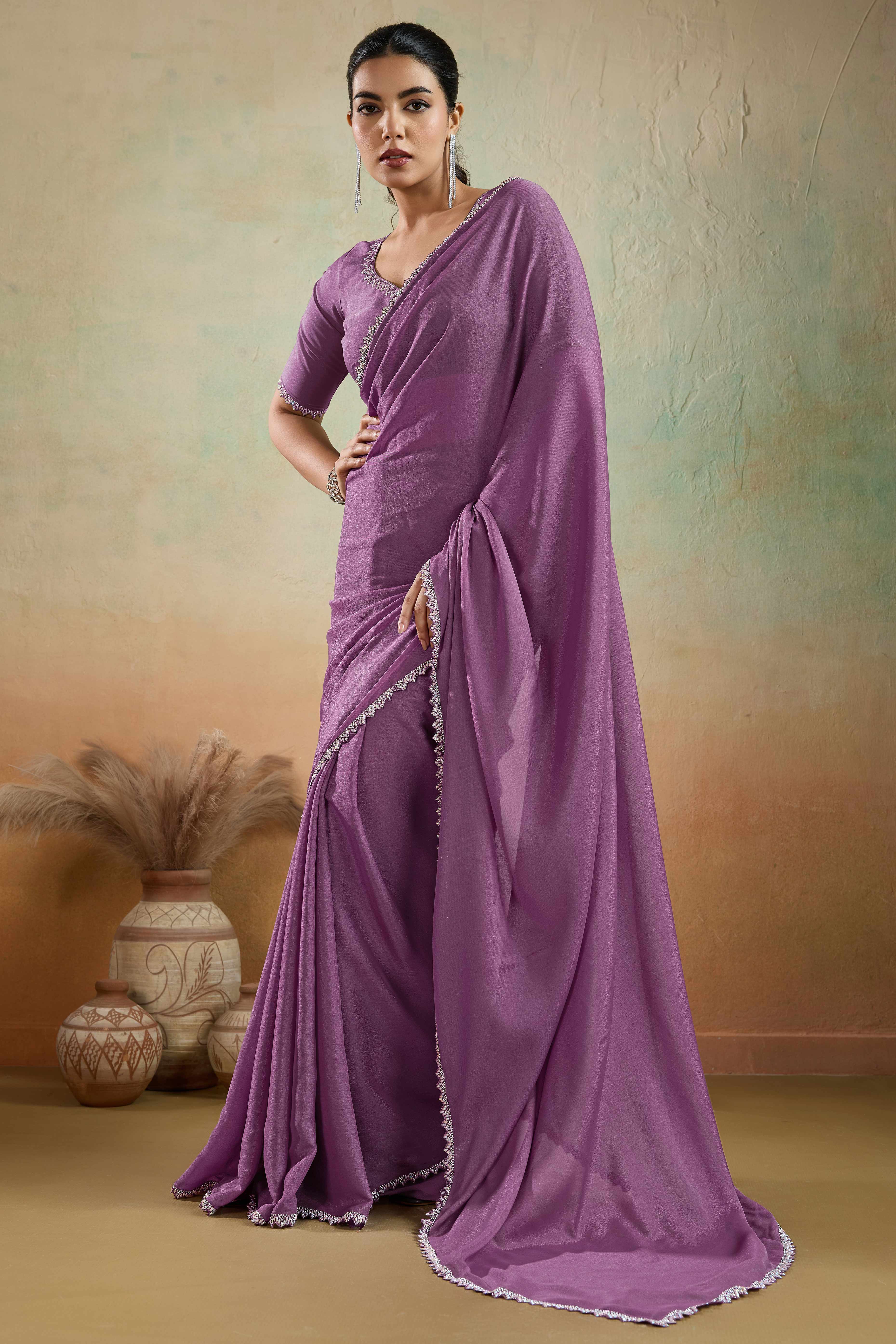 Orchid Purple Solid Matt Georgette Saree With Ceramic Embellished Lace Border