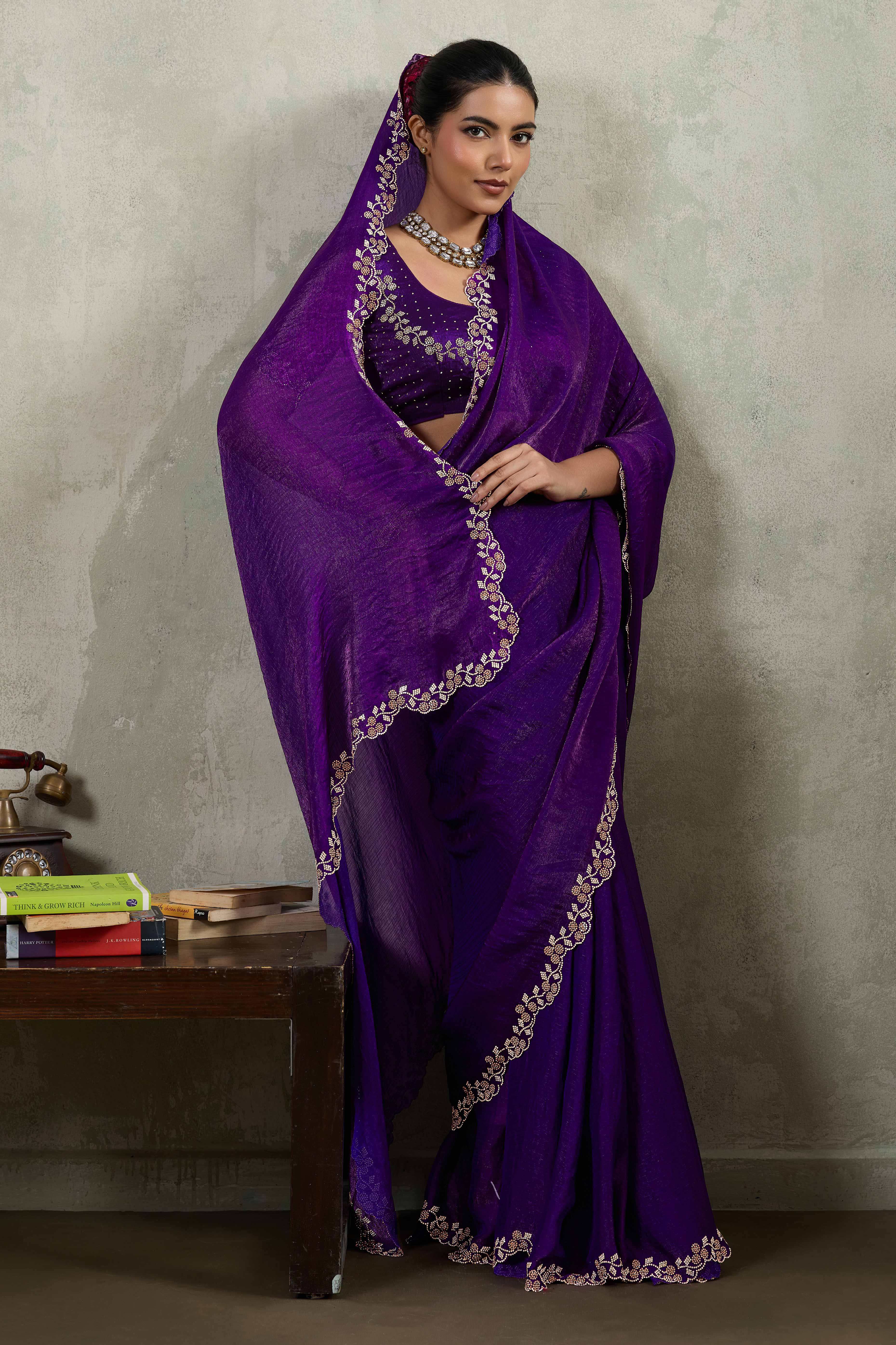 Purple Velvet Chiffon Saree Accented with Sparkling Zarkan Detailing