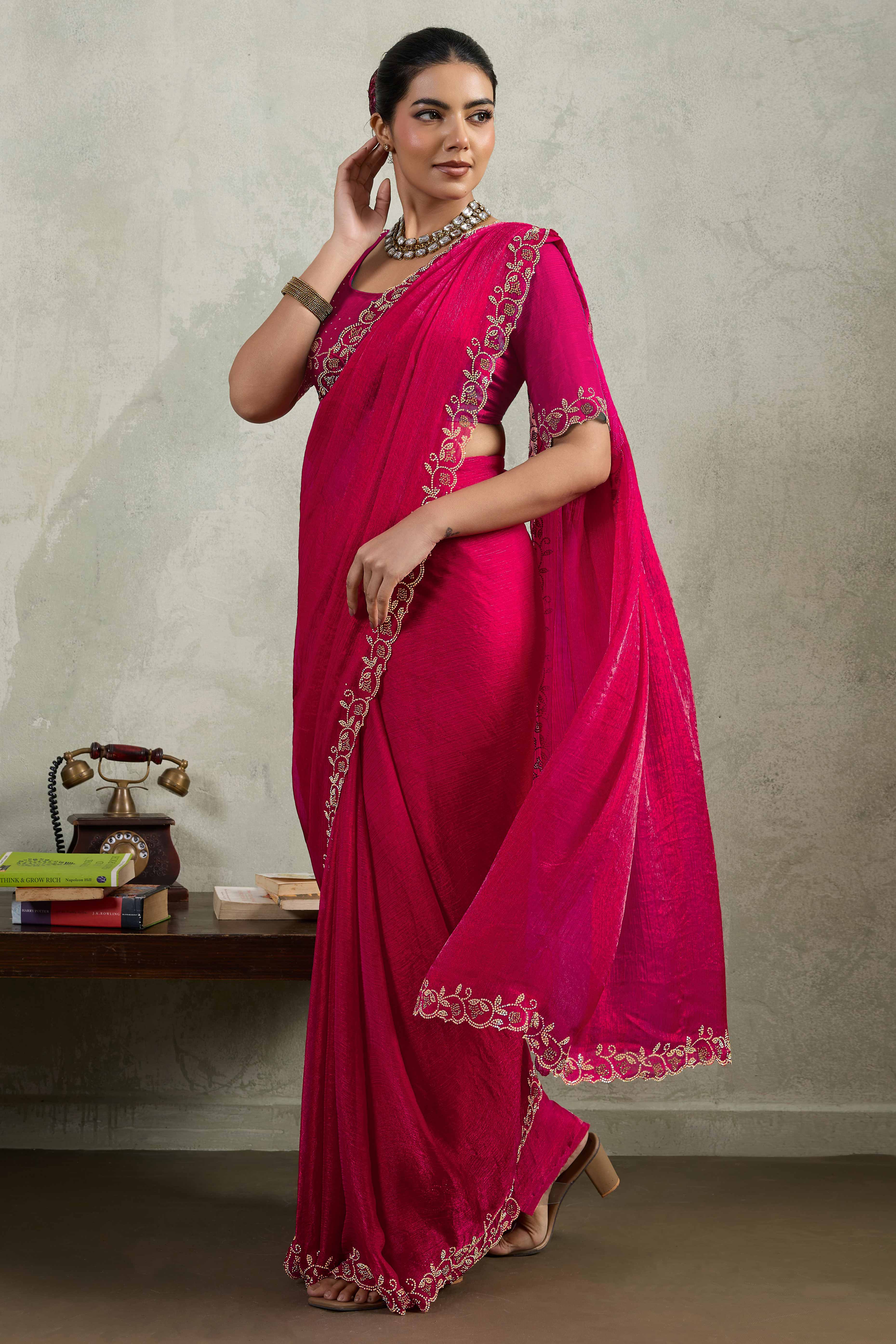 Pink Velvet Chiffon Saree Accented with Sparkling Zarkan Detailing