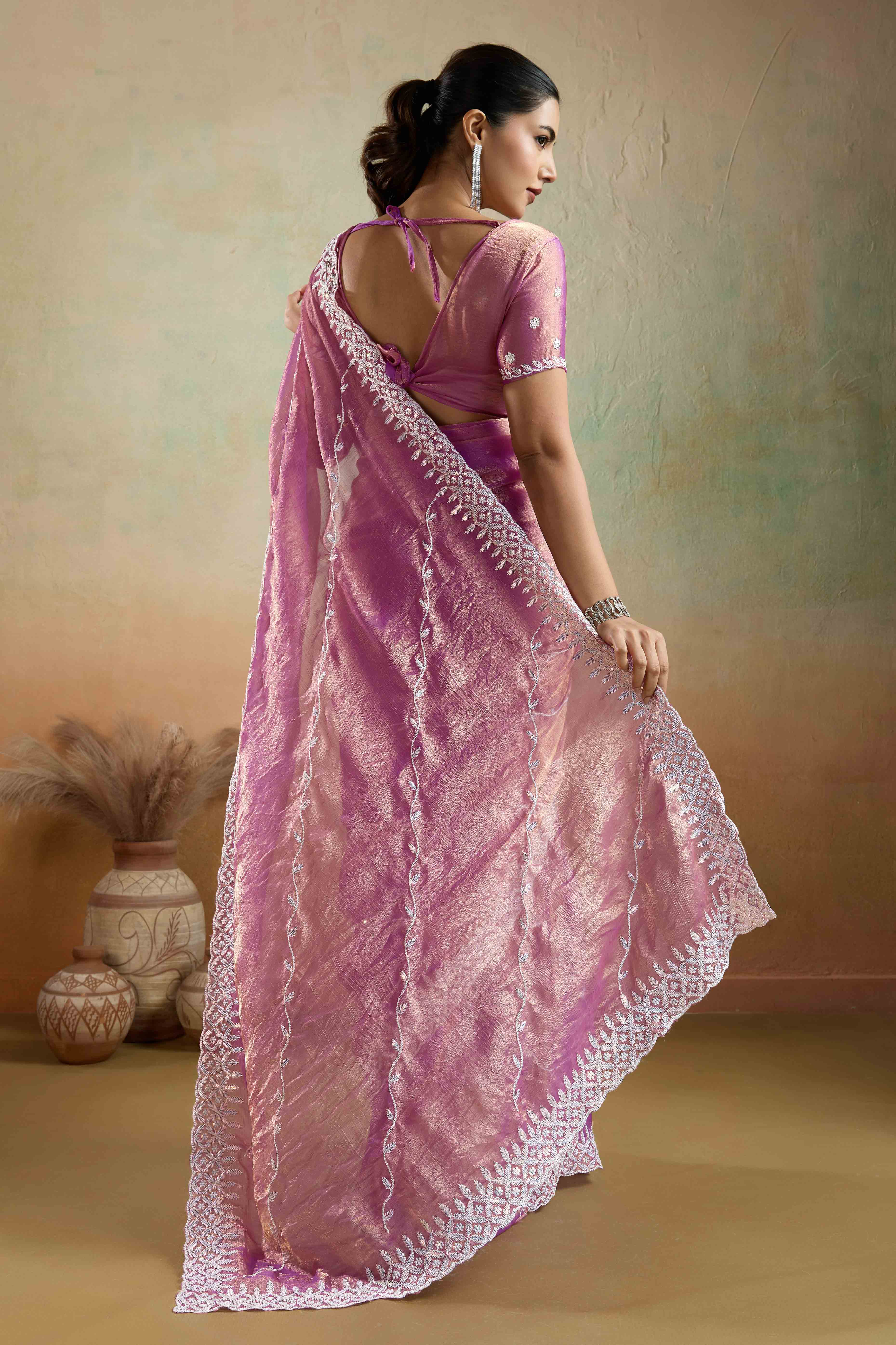 Pink Chiffon Saree with Rich Velvet Accents & Thread Detailing