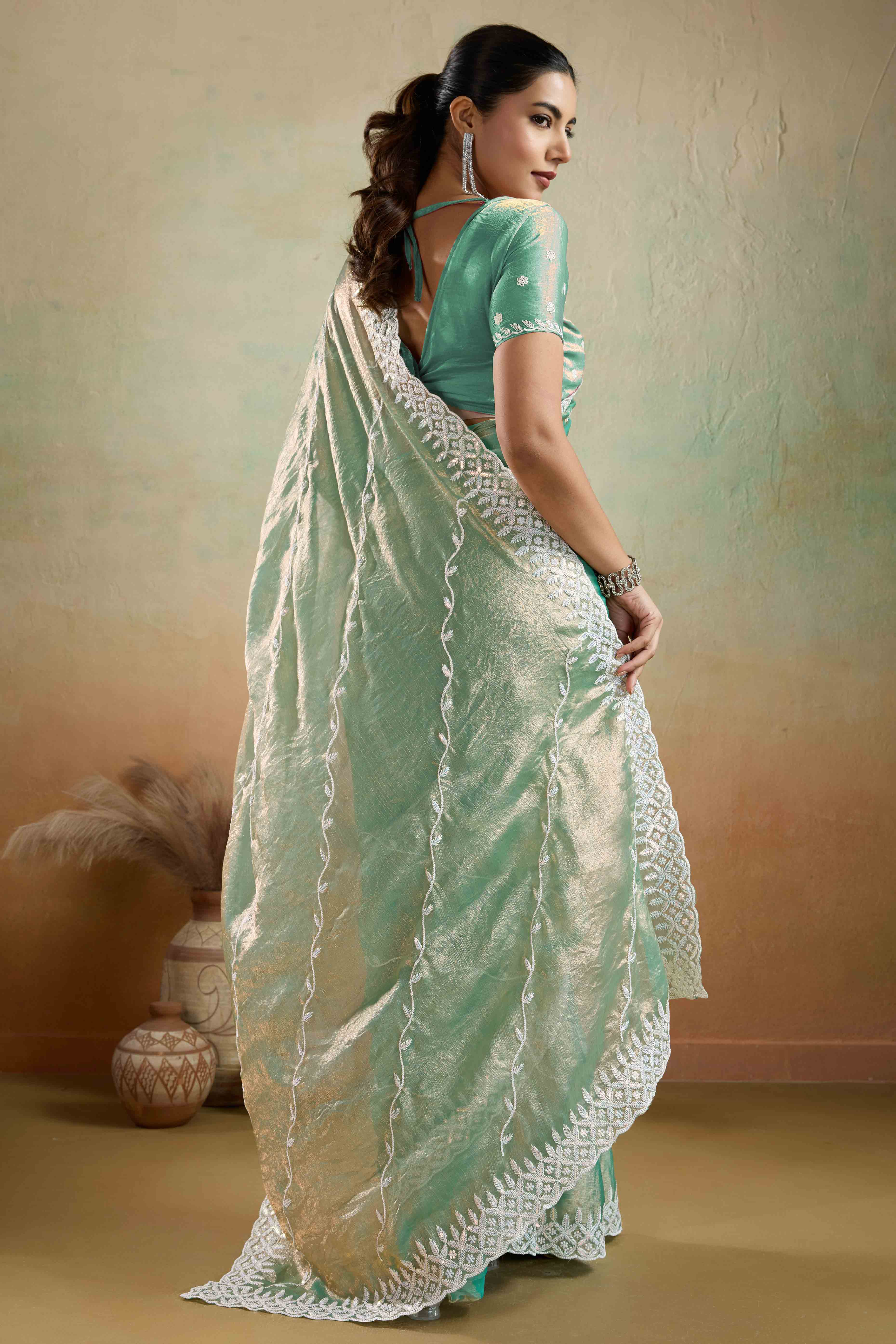 Sea Green Chiffon Saree with Rich Velvet Accents & Thread Detailing
