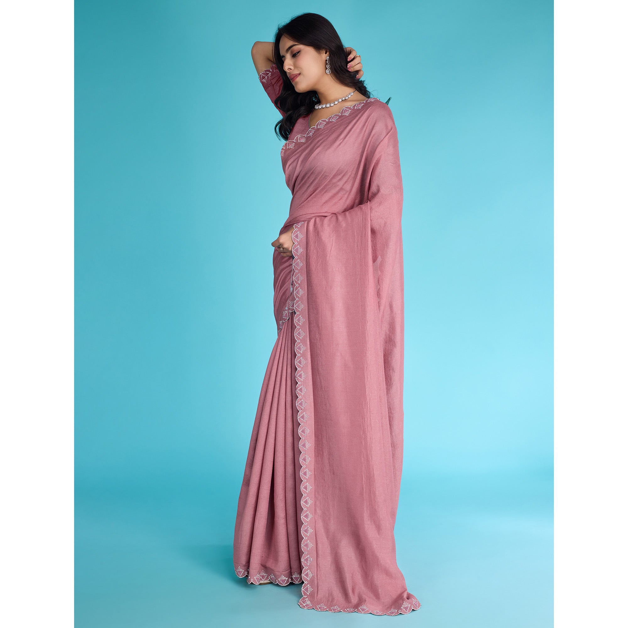 Dusty Rose Pink Solid With Zarkan & Pearl Diamond Lace Khadi Shimmer Saree