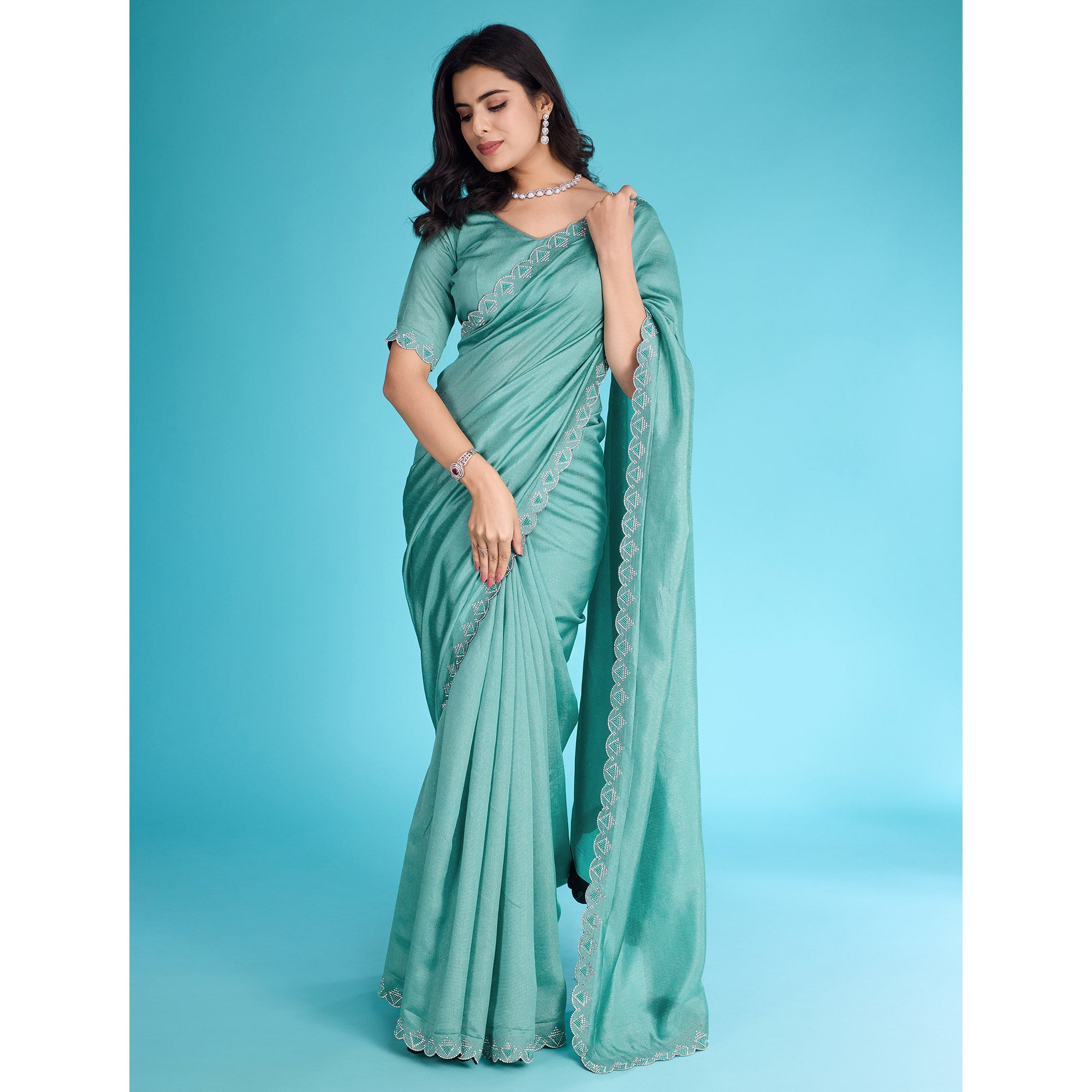 Turquoise Solid With Zarkan & Pearl Diamond Lace Khadi Shimmer Saree