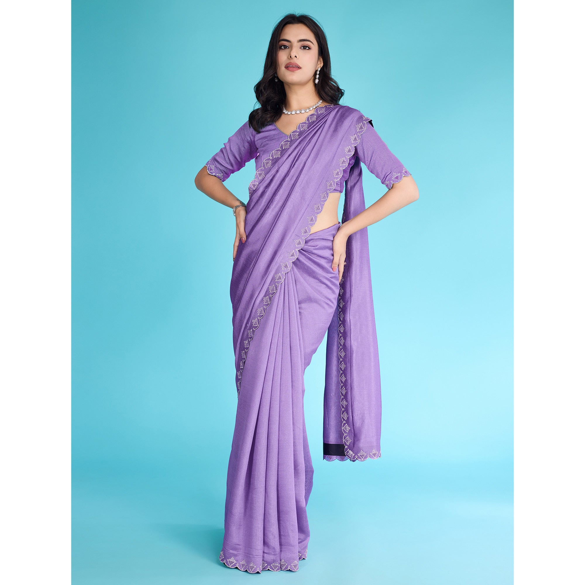 Lavender Solid With Zarkan & Pearl Diamond Lace Khadi Shimmer Saree