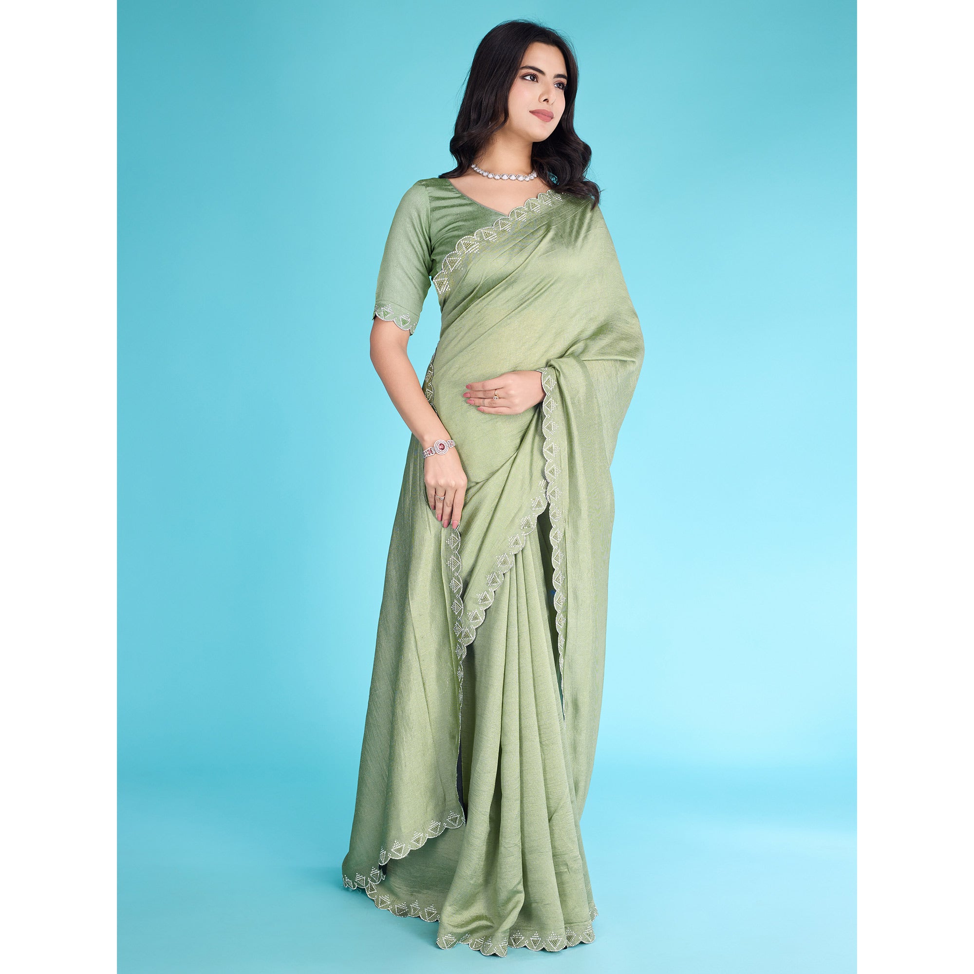 Green Solid With Zarkan & Pearl Diamond Lace Khadi Shimmer Saree