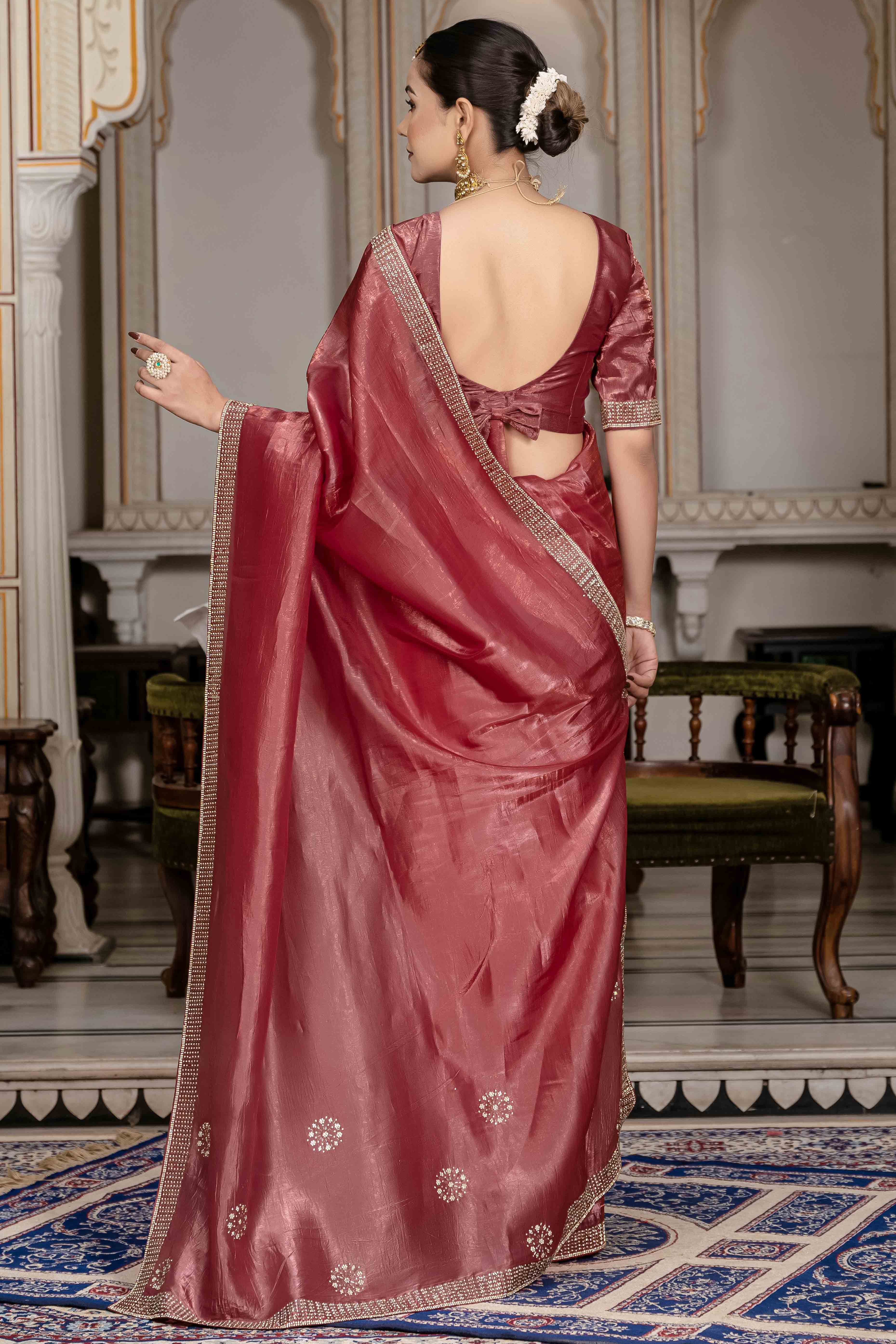 Brick Red Tissue Gold Crush Saree With Exquisite Cutdana & Zarkan Hand Embellishment