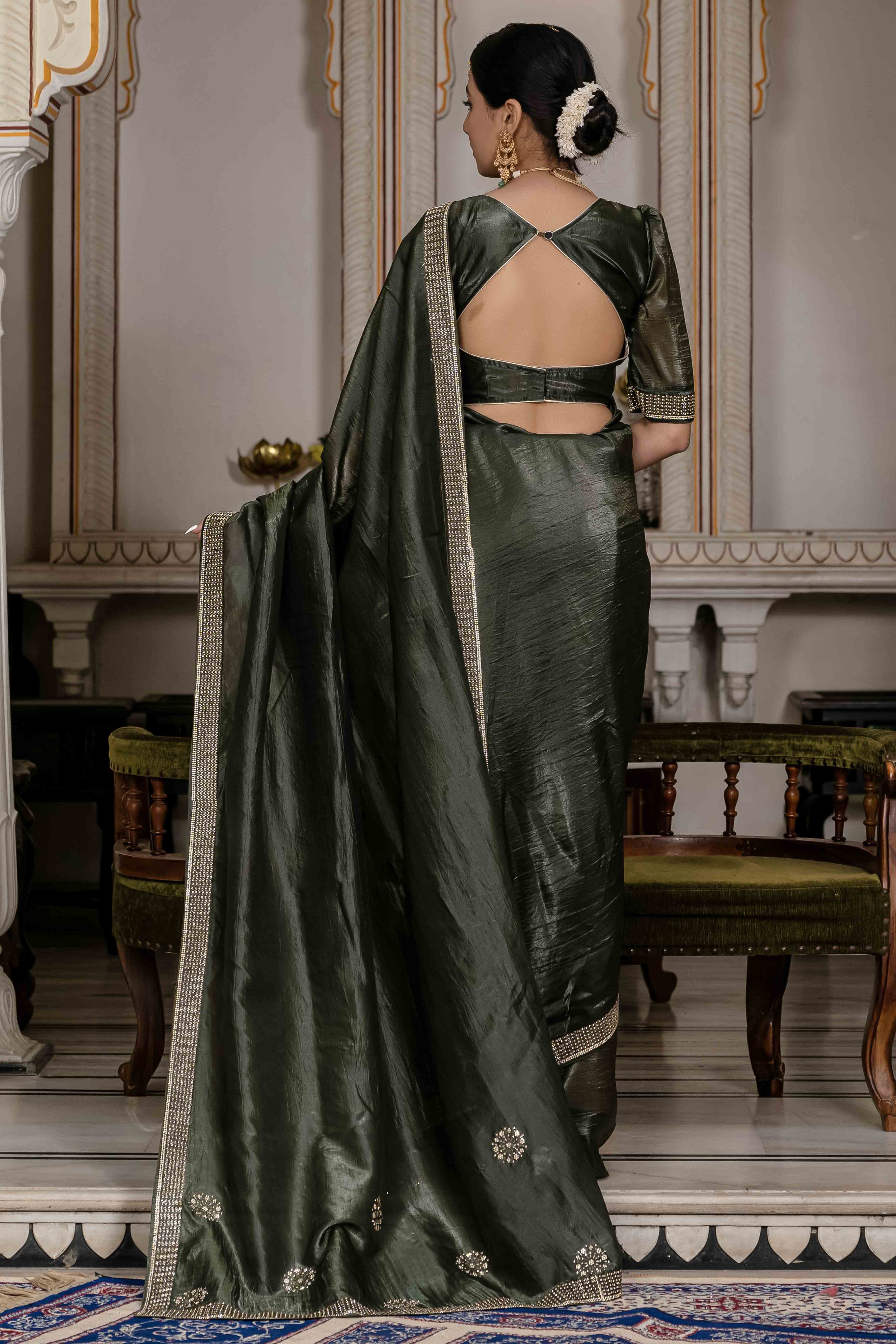 Green Tissue Gold Crush Saree With Exquisite Cutdana & Zarkan Hand Embellishment