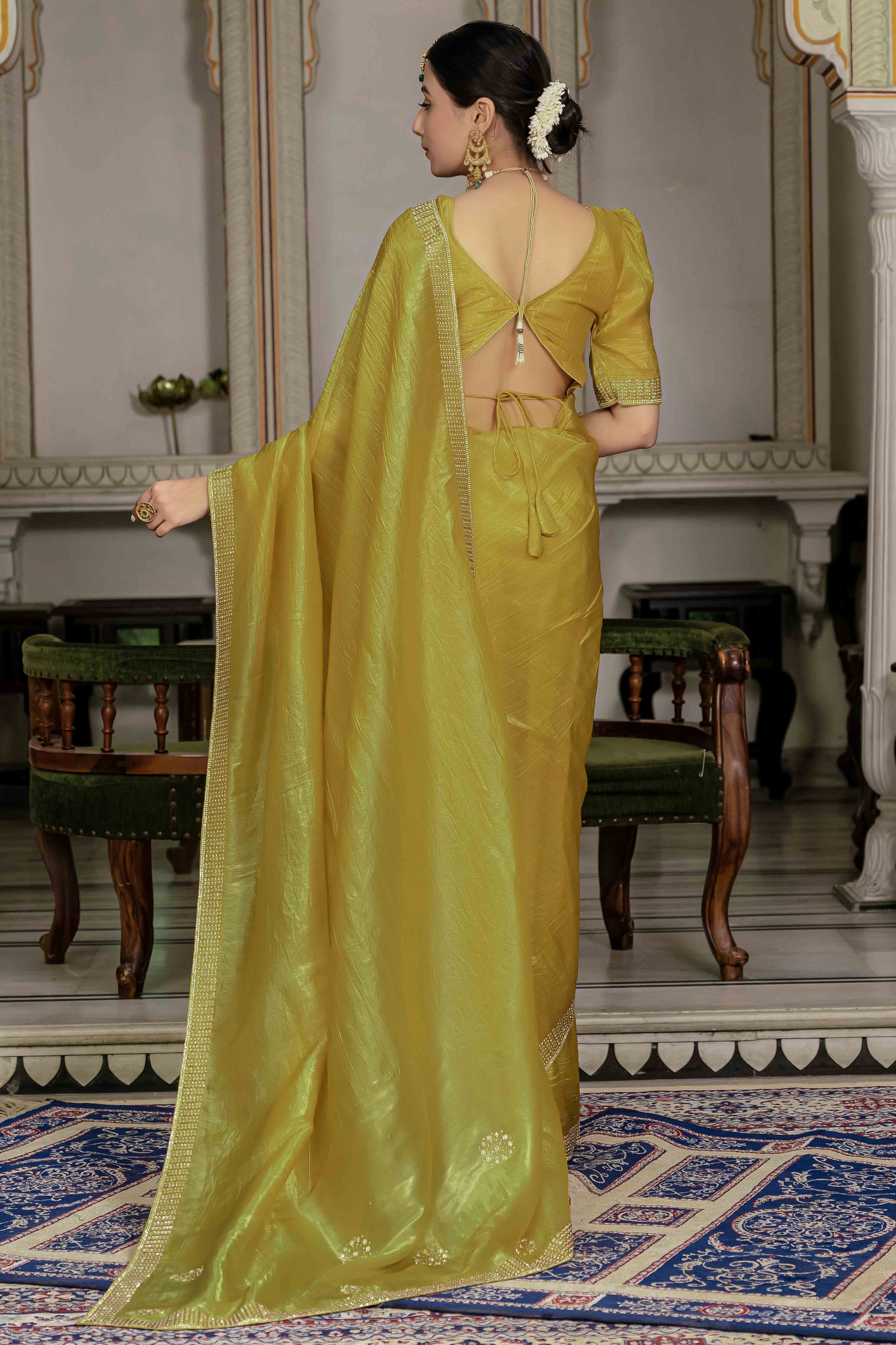 Mustard Tissue Gold Crush Saree With Exquisite Cutdana & Zarkan Hand Embellishment